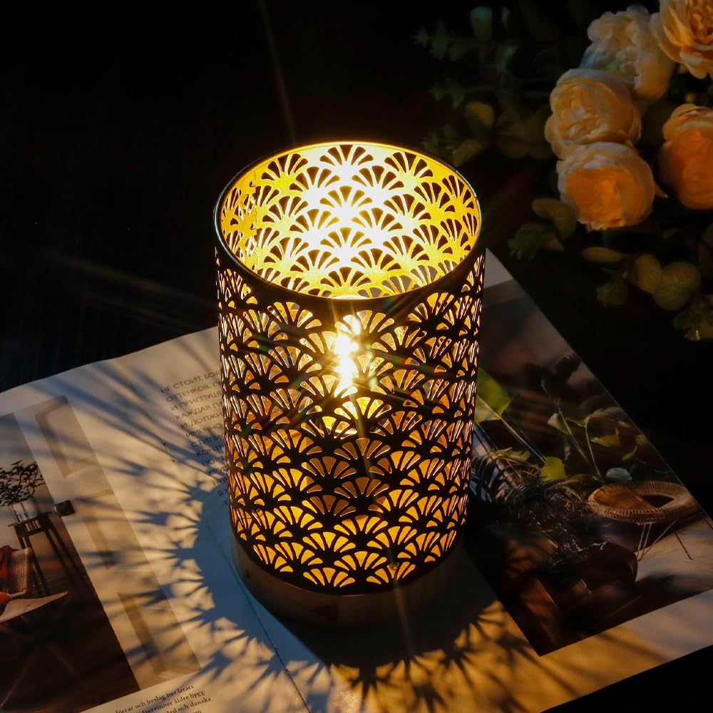 JHY DESIGN 7.5'' Metal Battery Powered Cordless Lamp with Wooden Base - 6-Hour Timer, Warm White LED - Perfect for Weddings, Parties, Patio, Garden, Indoor & Outdoor Table Decor, Balcony Lighting