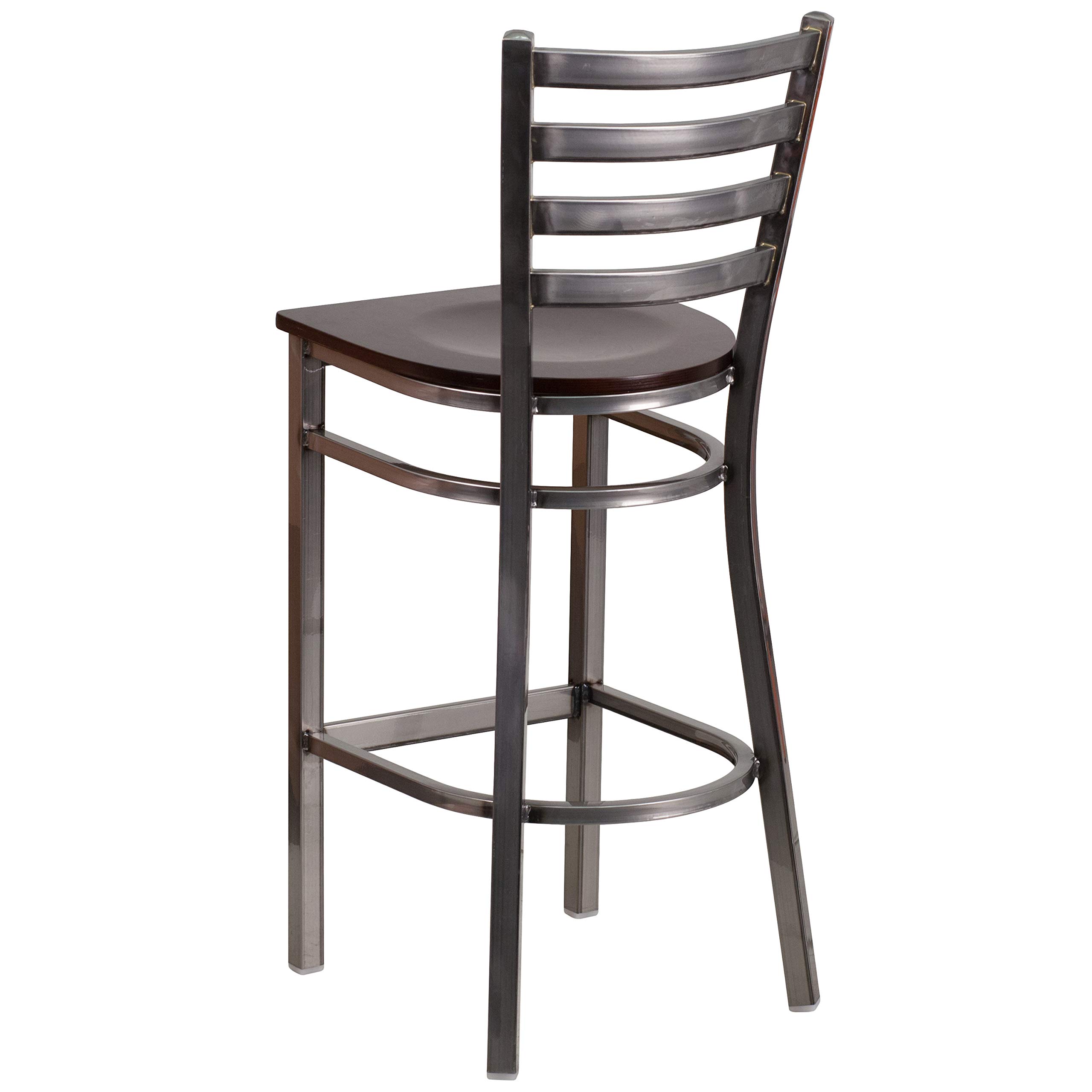 Flash Furniture 2-Pack HERCULES Series Clear Coated Ladder Back Metal Bar Stools with Walnut Wood Seat - Commercial Grade Restaurant & Home Bar Counter Stools for Kitchen Island, Pub, and Dining Room