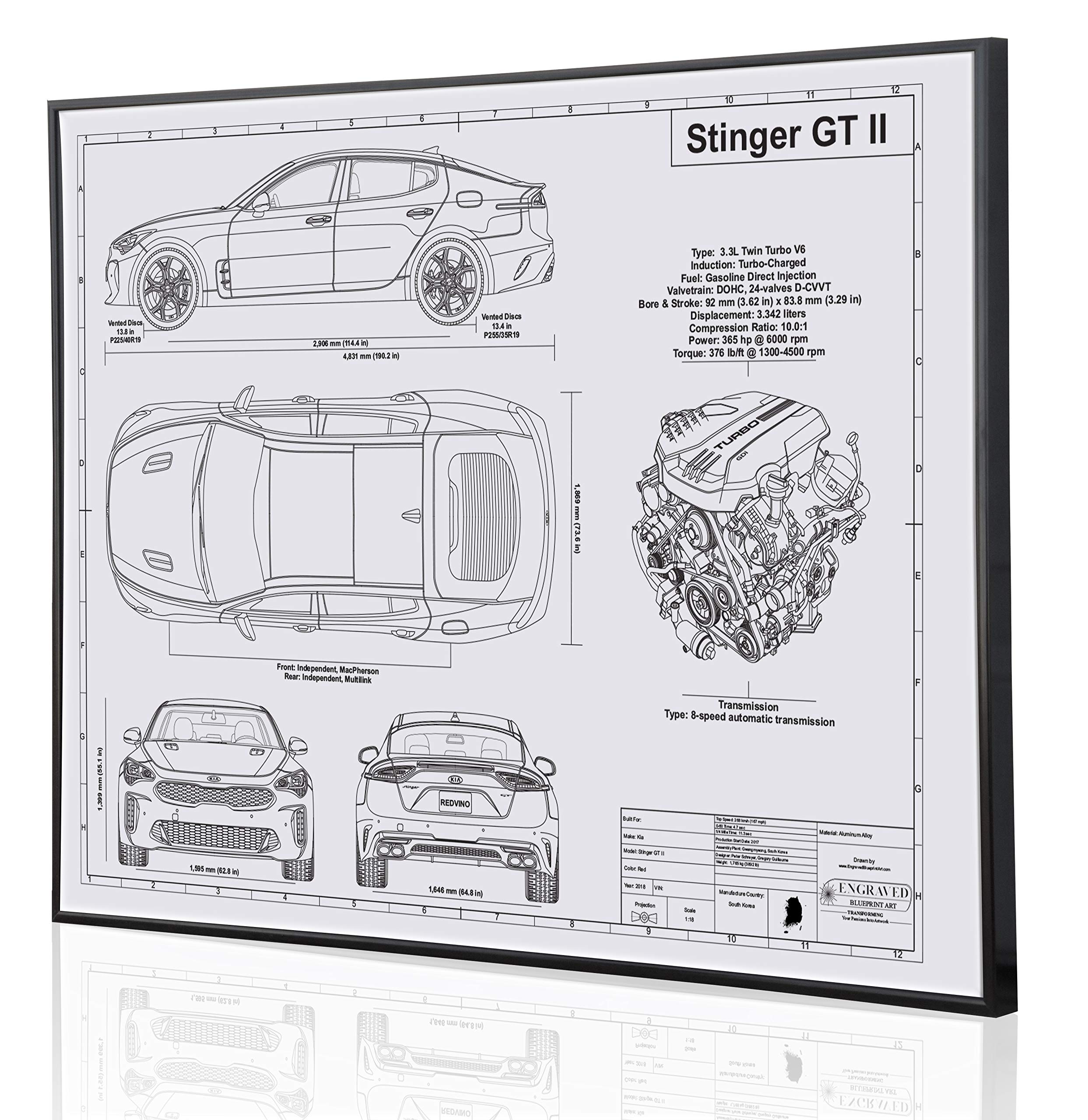 Stinger GT II Blueprint Artwork - Laser Engraved & Customizable - Perfect Automotive Gift for Car Enthusiasts, Office Decor, Man Cave Wall Art