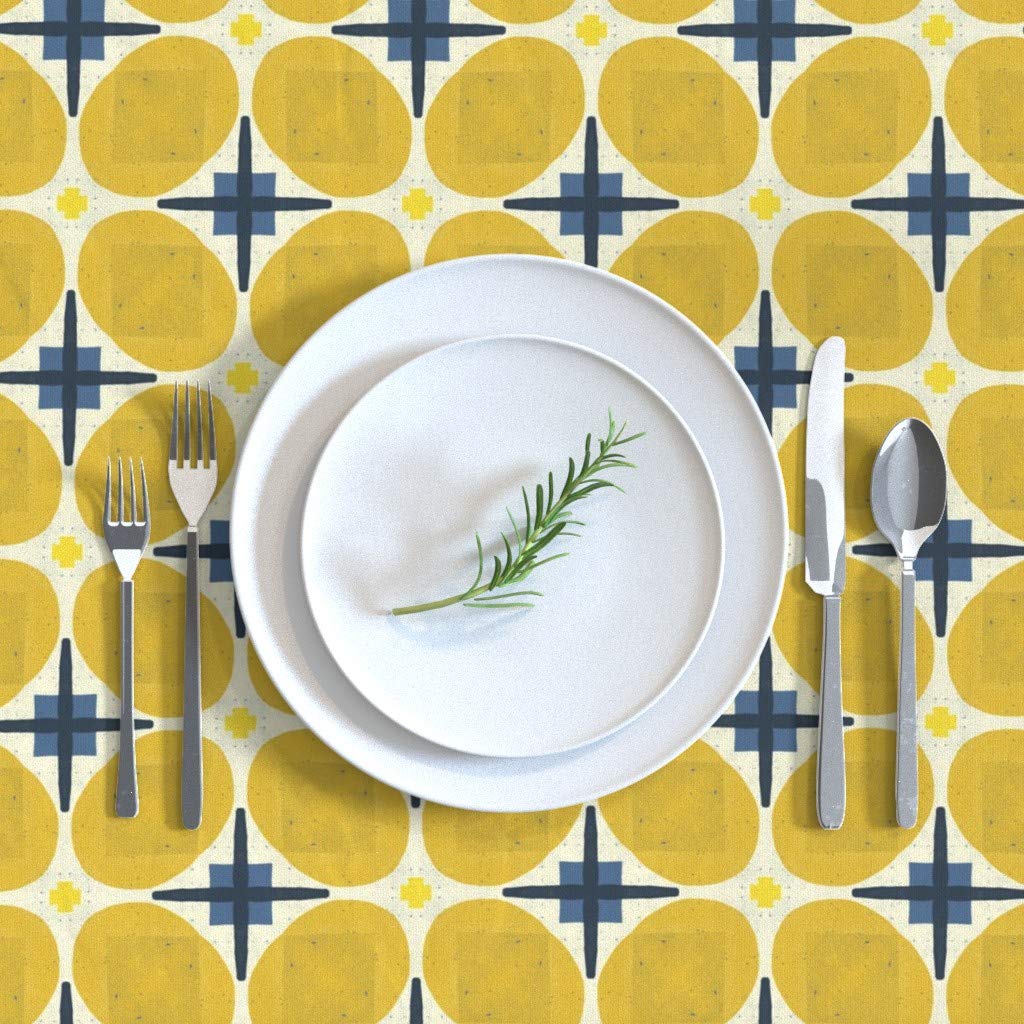 Custom Printed Cotton Sateen Tablecloth 70x90 Inches - Sweet Bean Candy Geometric Floral Modern Round Yellow Retro Botanical Nordic Design for Dining Room, Kitchen, Party Decor & Home Decor