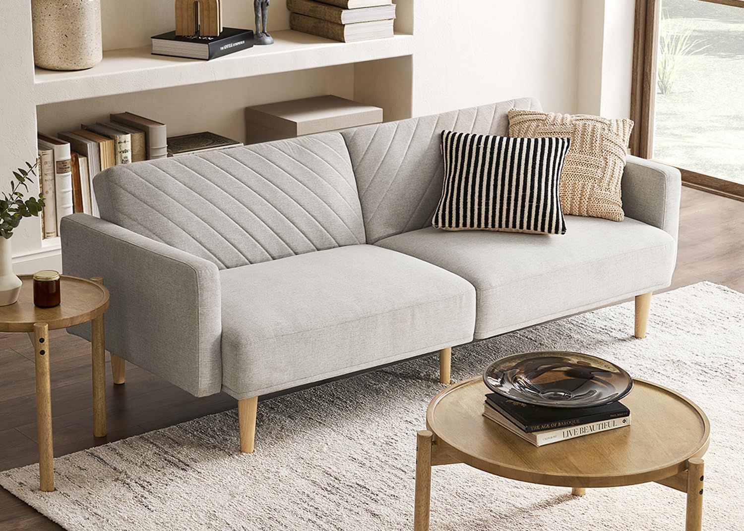 Mopio Mid Century Modern Futon Sofa Bed - Convertible Sleeper Couch, Loveseat for Small Spaces, Light Gray Fabric - Perfect for Living Rooms, Guest Rooms & Apartments