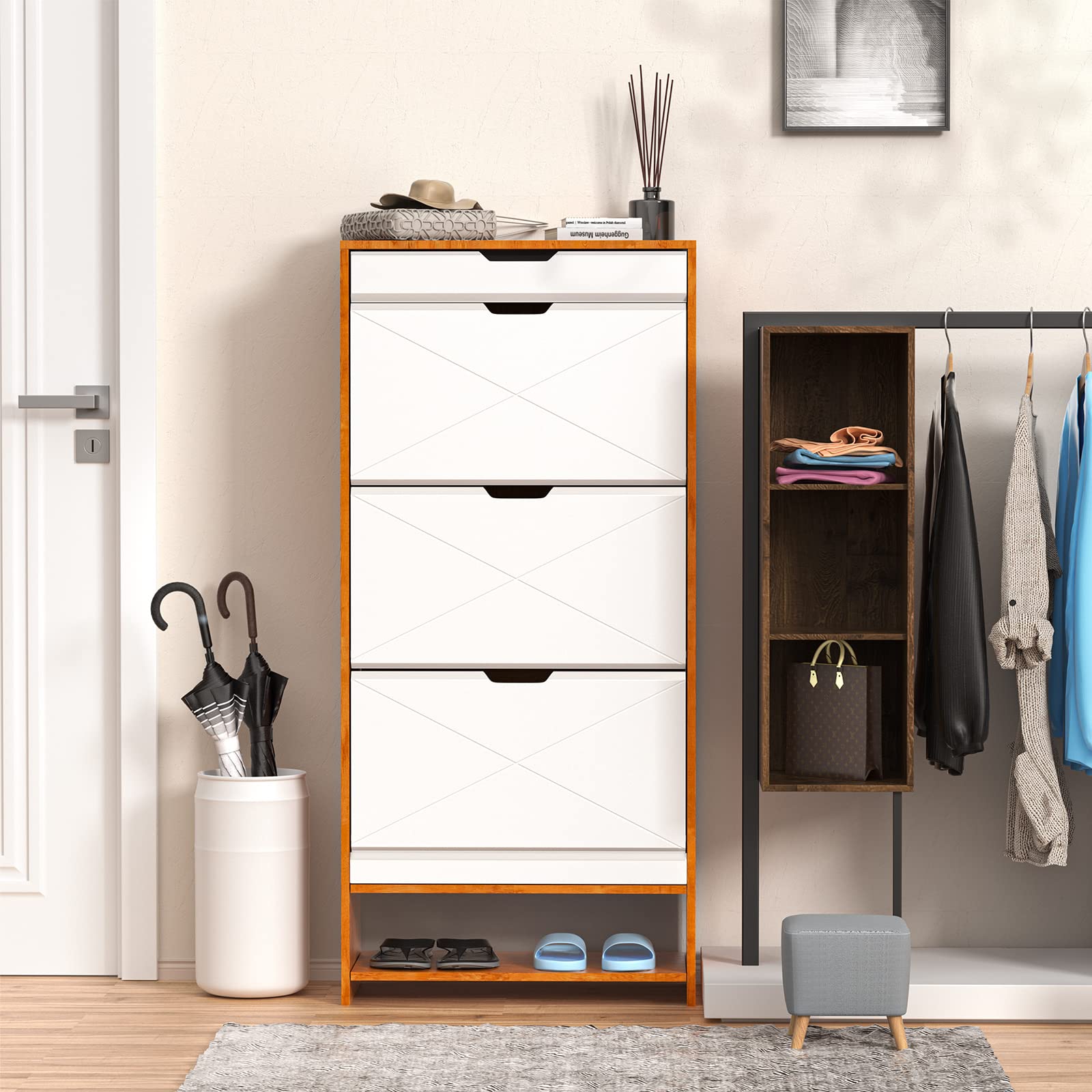 VERYKE 3-Tier Wooden Shoe Storage Cabinet - Vintage Entryway Shoe Organizer with Drawer & Open Shelves, Freestanding Shoe Rack for Hallway, Bedroom, Closet (Brown) | Perfect for Small Space Organization & Shoe Display