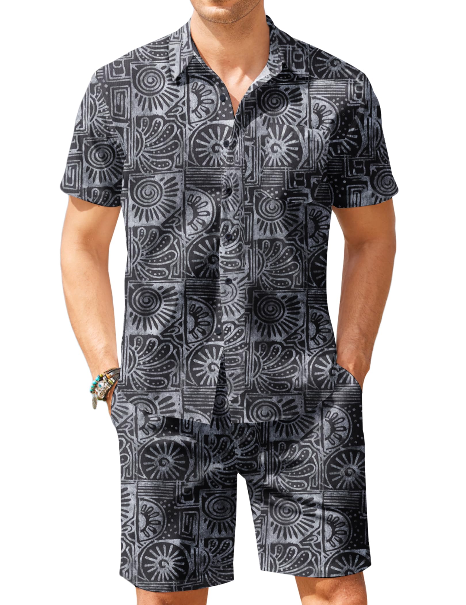 COOFANDY Men's Hawaiian Floral Print 2-Piece Outfit - Matching Summer Beach Shirt & Shorts Set | Tropical Vacation, Pool Party, Casual Wear