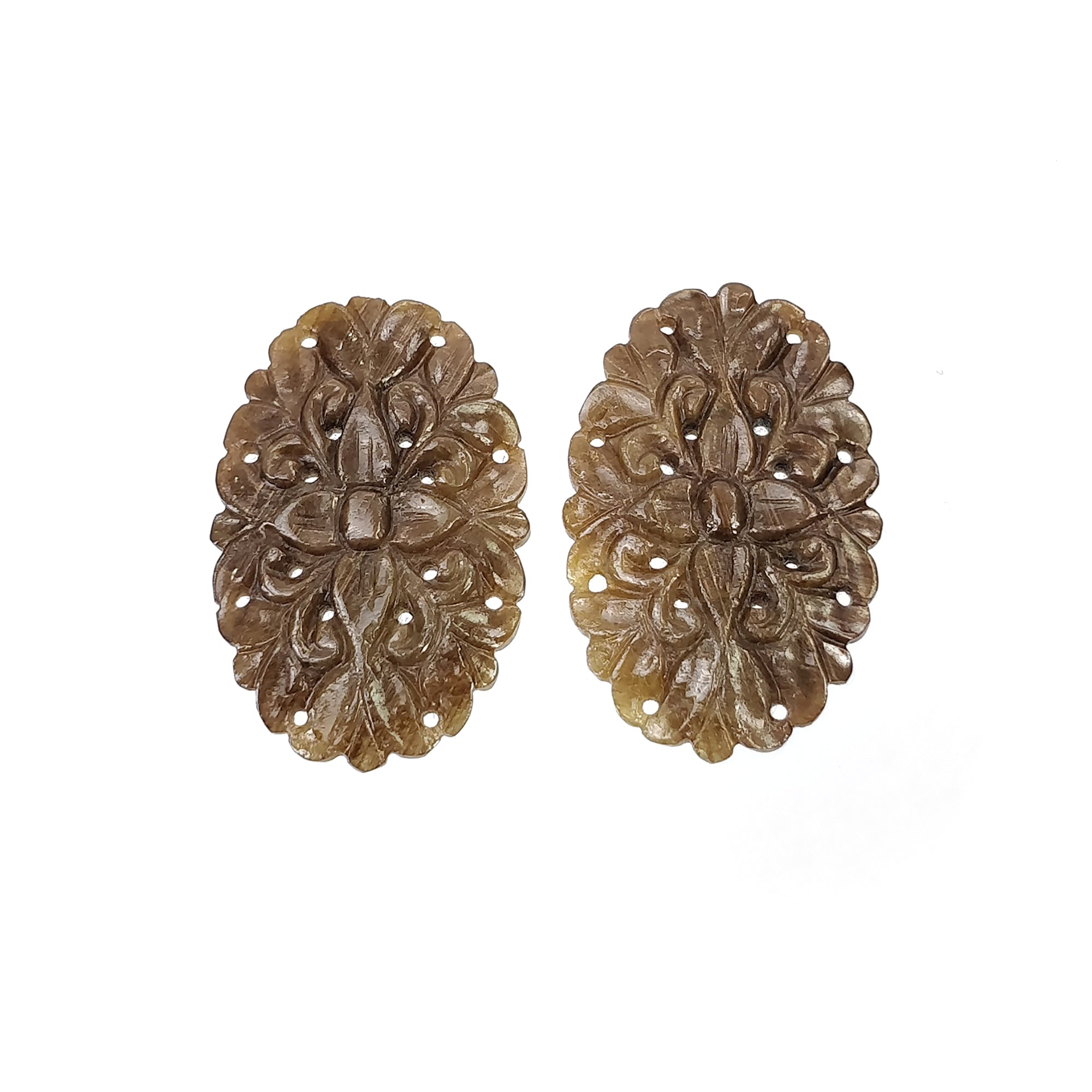 Natural Untreated Golden Brown Chocolate Sheen Sapphire Gemstone Carving - 42.00cts Hand Carved Oval Pair 32.5*21mm (Video Included) | Perfect for Jewelry Making, Engagement Rings & Luxury Gifts