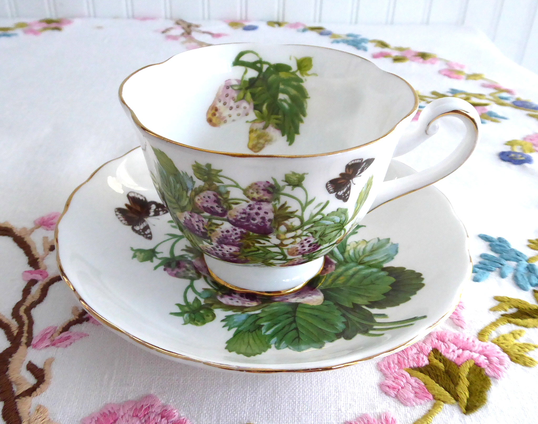 Vintage Royal Chelsea Fruit Cup and Saucer Set - England 1960s Floral Design with Pears, Strawberries & Butterflies - Perfect for Afternoon Tea, Collectible Fine China Display