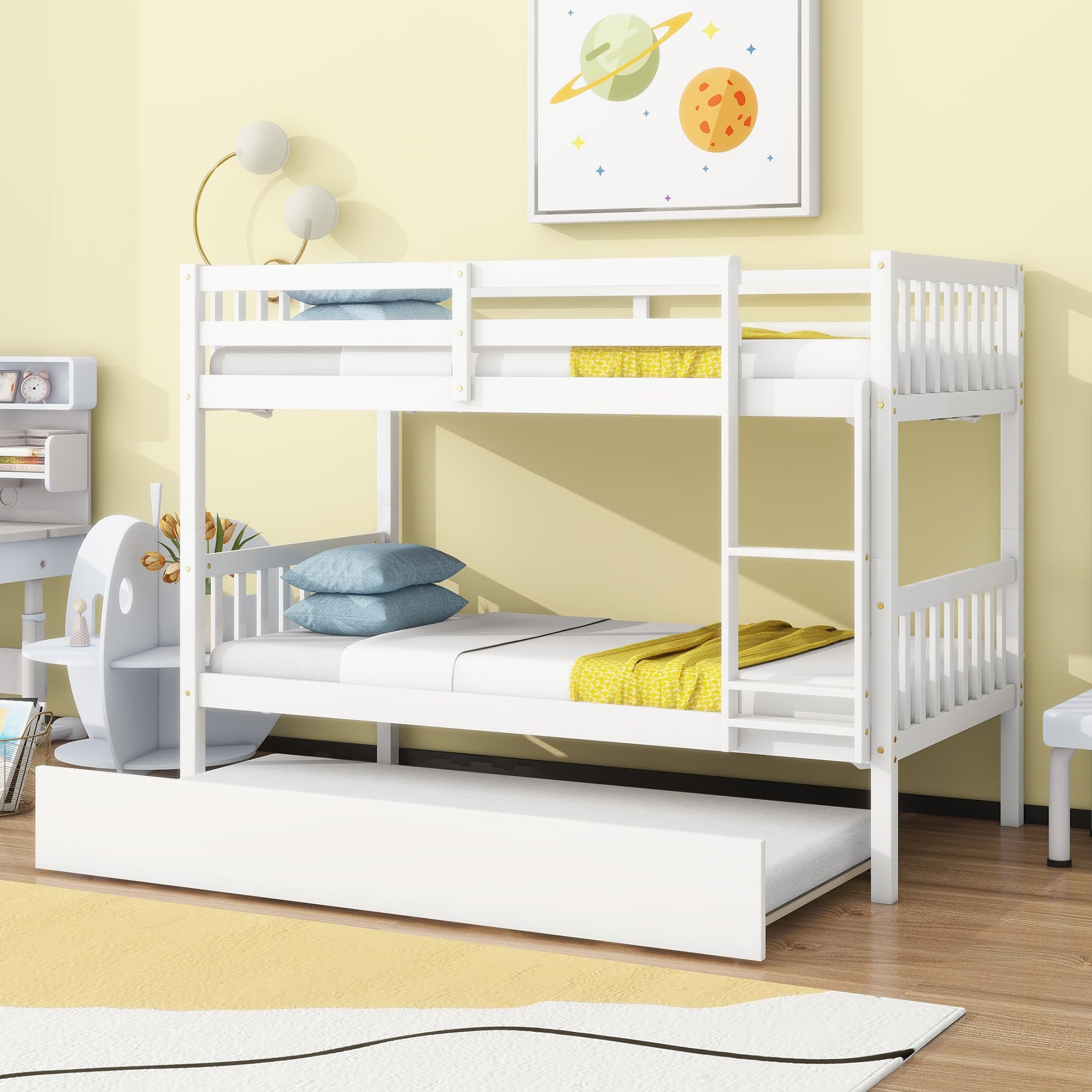 **Twin Over Twin Bunk Bed with Trundle - White Wooden Bunk Beds for Kids & Teens - Space-Saving Bedroom Furniture for Small Rooms & Sleepovers**
