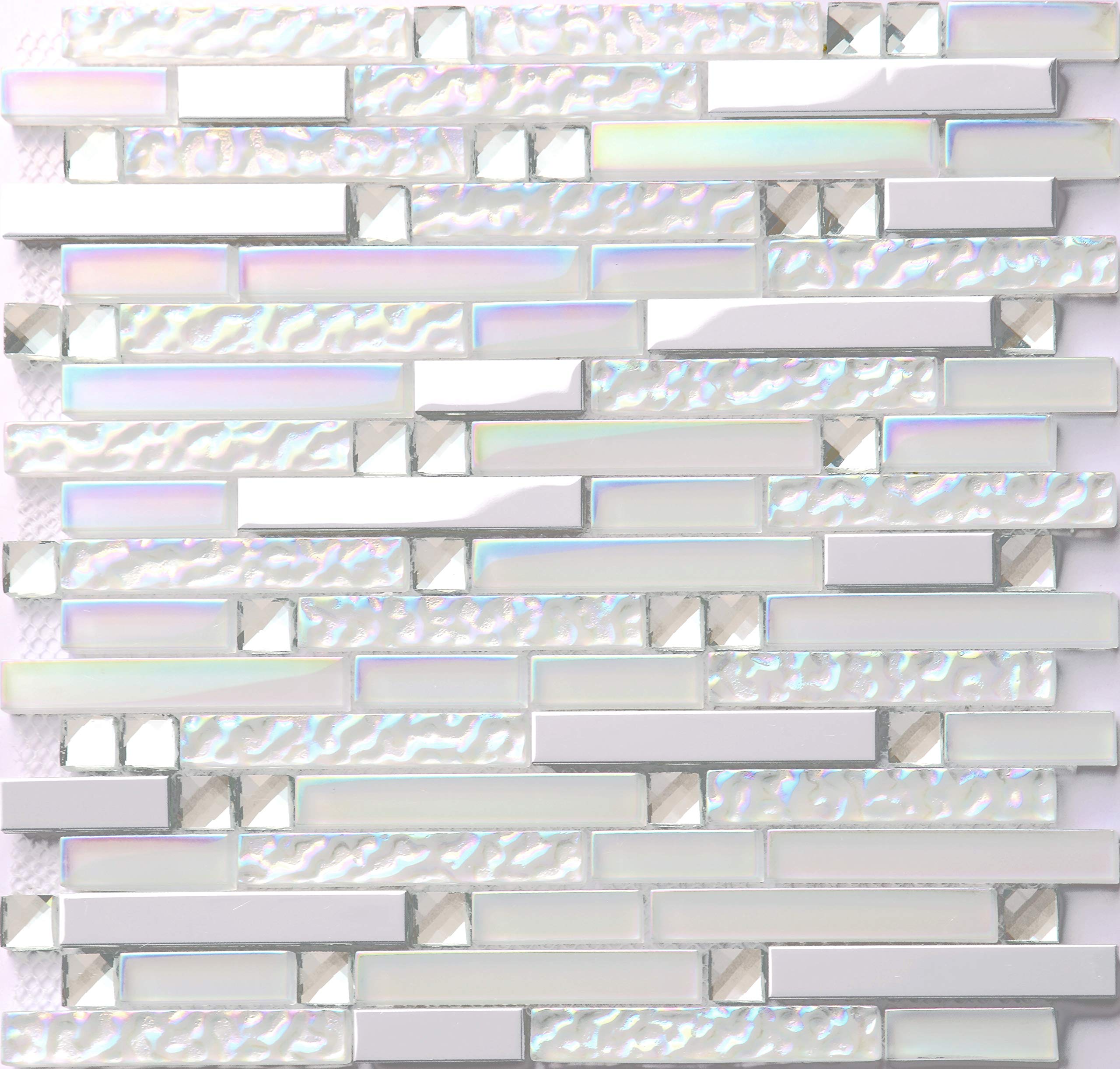 Iridescent White Crystal Glass Chrome Metallic Linear Mosaic Tile - Stain Resistant Kitchen Backsplash & Bathroom Shower Wall Tiles - 5 Sq Ft - Perfect for Modern Home Decor and Commercial Spaces