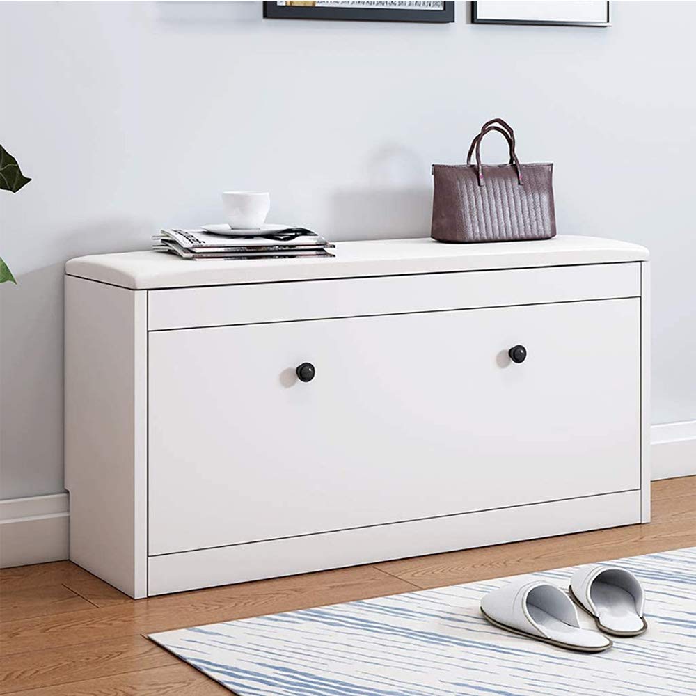ABBD White Shoe Storage Bench with Flip-Drawer - Wooden Shoe Cabinet Ottoman with Seat Cushion - 31.5 Inch Entryway Shoe Organizer for Hallway, Bedroom & Living Room - Perfect for Small Spaces & Home Organization