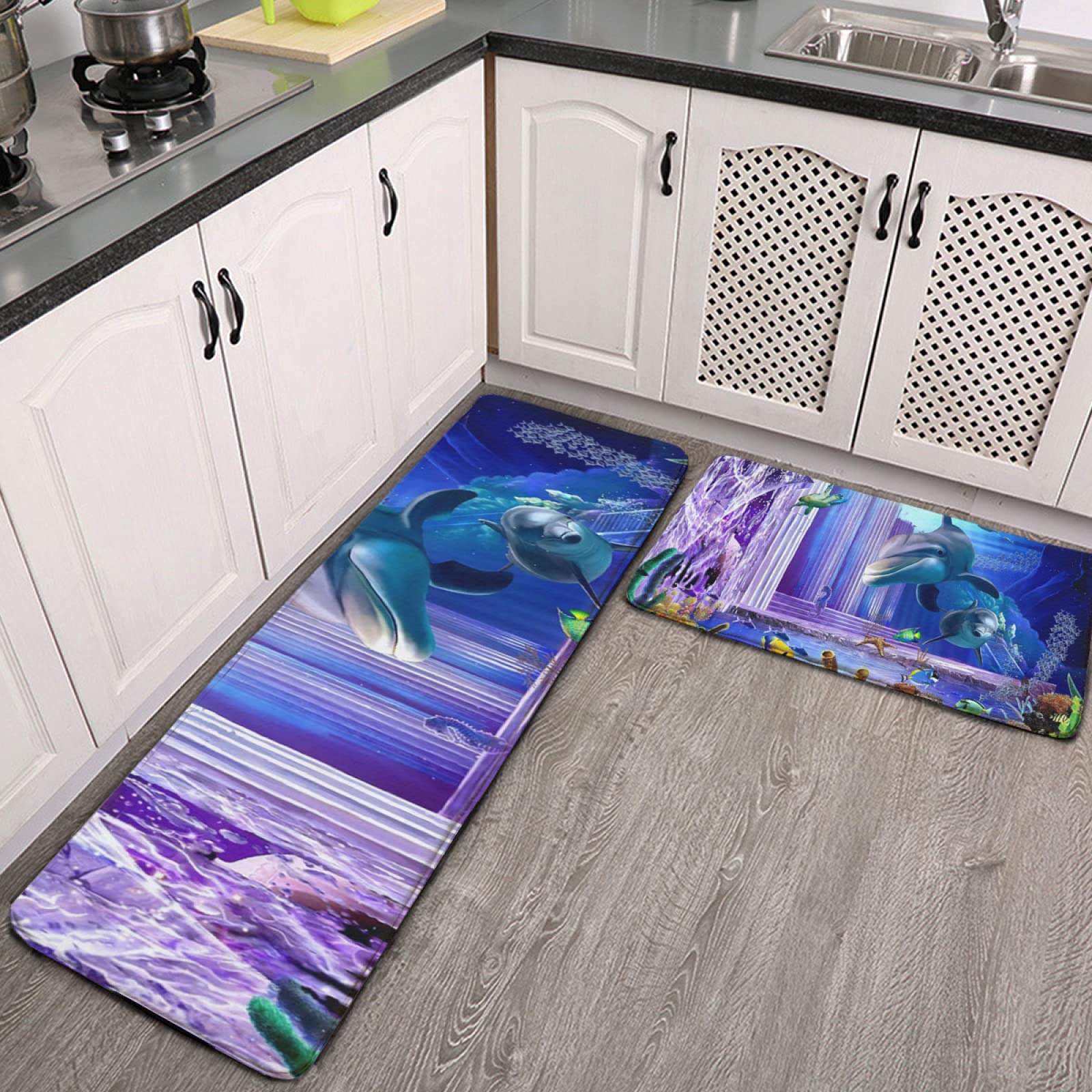 2-Piece Kitchen Rug Set with 3D Oceanic Dolphins Turtle Fish Coral Design - Soft, Washable, Non-Slip & Super Absorbent Floor Mats for Kitchen, Bathroom, Laundry Room - Perfect for Beach House Decor & Coastal Themed Homes (White, One Size)