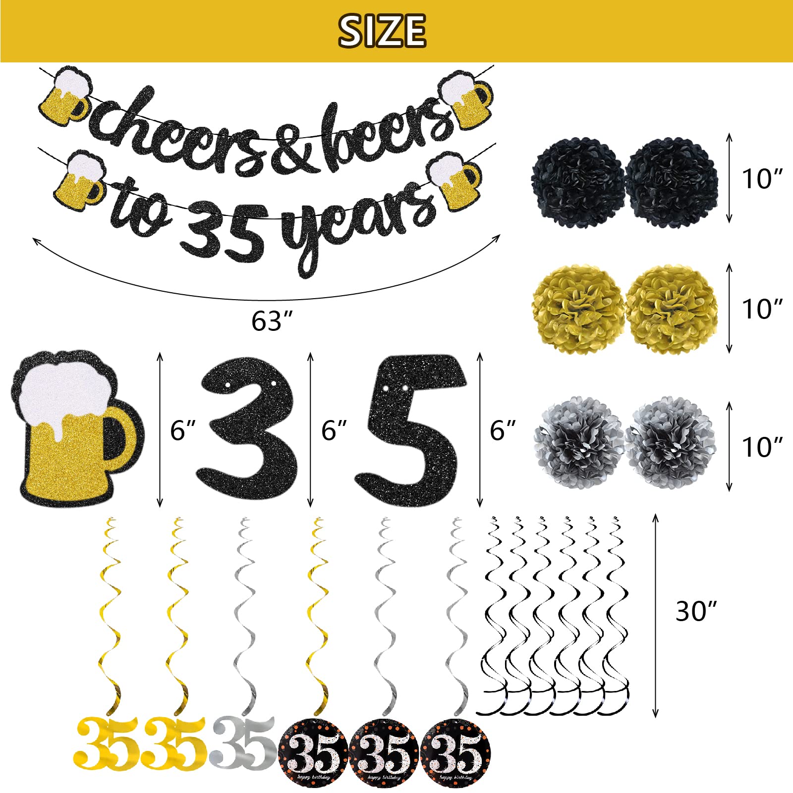 35th Birthday Party Decorations Kit for Men & Women - Cheers to 35 Years Banner, Pom Poms, Flowers & Sparkling Hanging Swirls - Perfect for Birthday Celebrations, Wedding Parties & Anniversary Decorations
