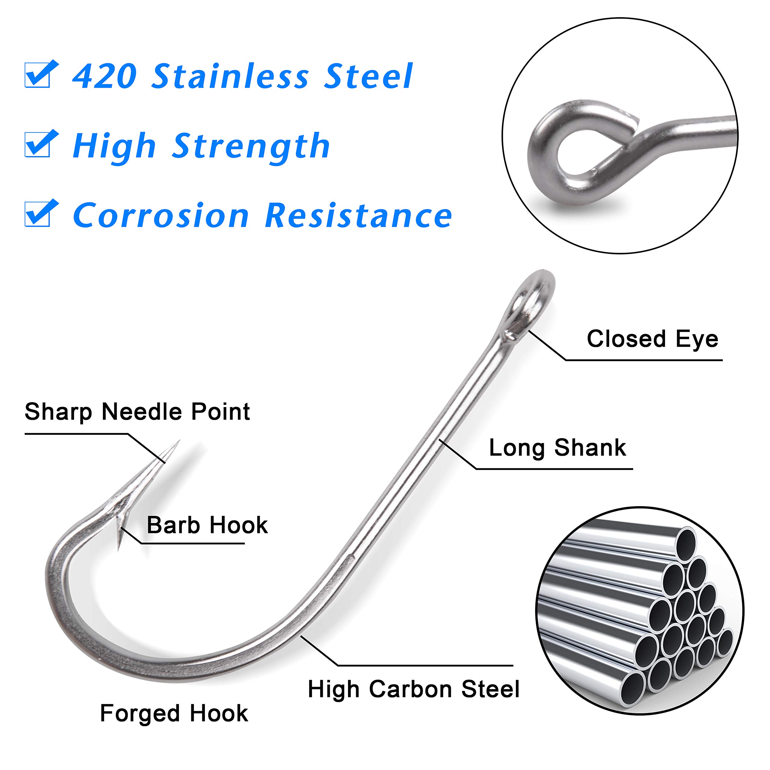 110pcs Saltwater Fishing J Hooks Kit - Stainless Steel O'Shaughnessy Forged Long Shank J Hooks for Trolling Sea Bass, Saltwater & Freshwater Fishing | Perfect for Deep Sea, Pier & Shore Fishing