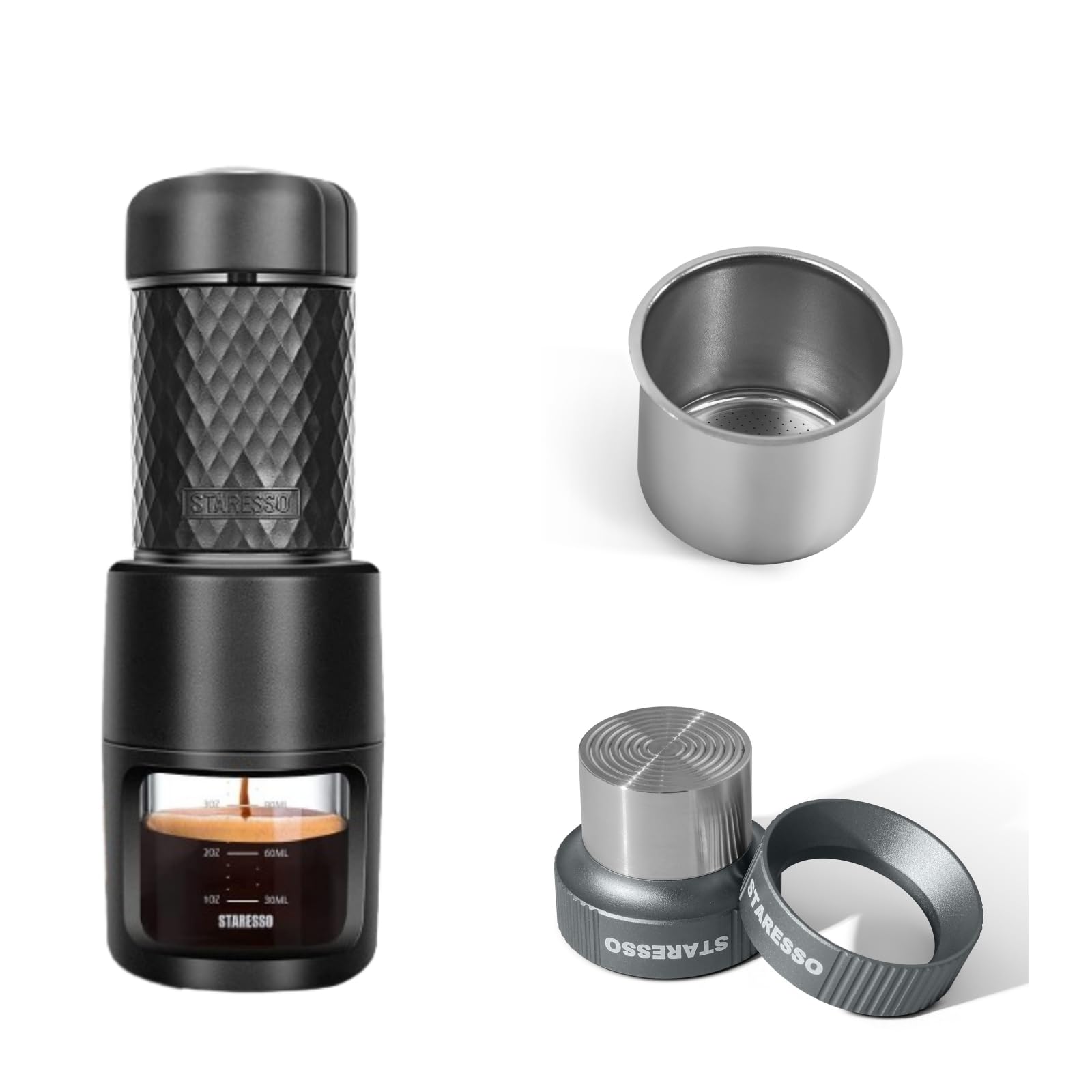 STARESSO Classic Portable Espresso Maker - Handheld Manual Coffee Machine with 37mm Bottomless Portafilter, Dosing Funnel & Tamper Kit - Perfect for Camping, Travel & Home Brewing