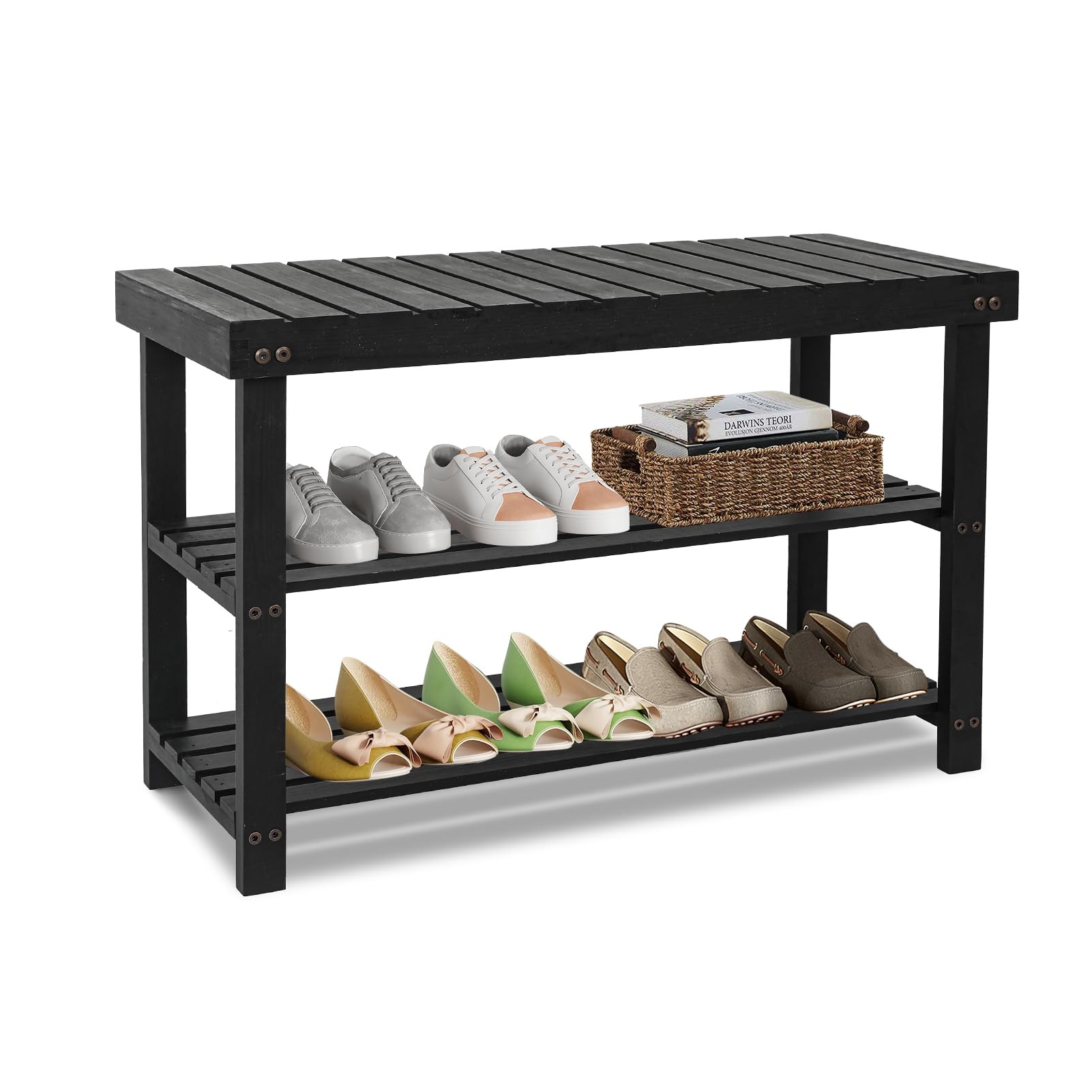 3-Tier Wooden Shoe Rack Bench - Entryway Shoe Organizer with Storage Shelf for Bedroom, Balcony & Hallway (27.5