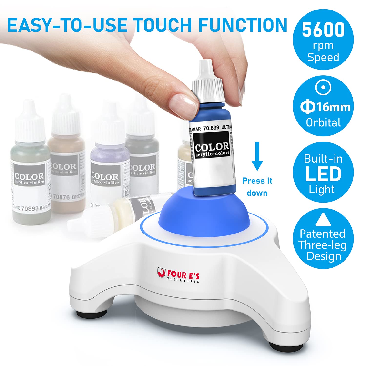 FOUR E'S SCIENTIFIC Mini Vortex Mixer - 5600rpm Lab Vortex Shaker with Touch Control, Portable Paint Mixer for Acrylic Paints, Miniature Models & Nail Polish - Perfect for Hobbyists, Artists & DIY Nail Art