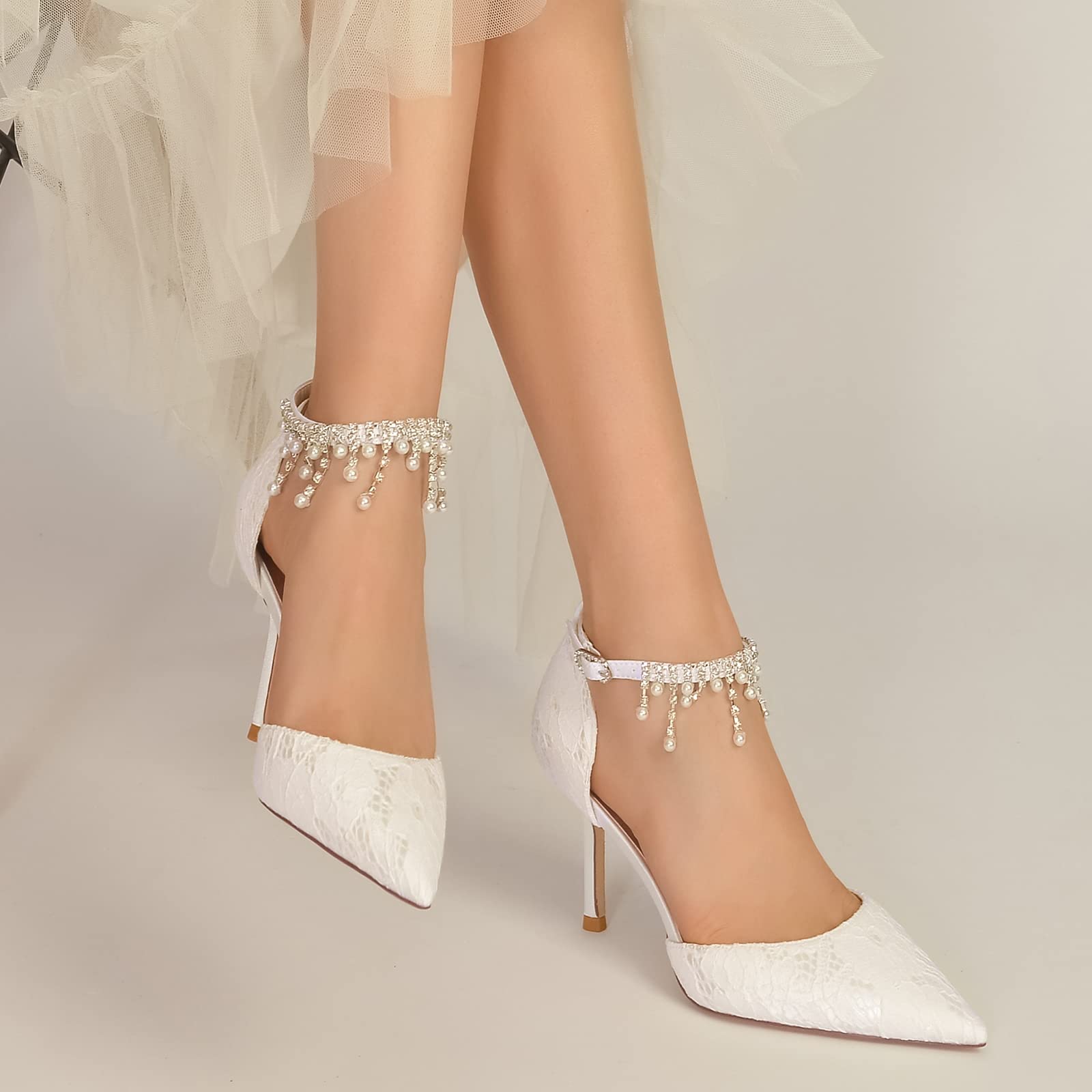 TNXZ Women's Pointed Toe High Heels - 8.5Cm Ankle Strap Lace Wedding Shoes for Bride, Prom, Party & Evening Dress | Elegant Court Shoes & Sandals for Special Occasions, Date Night & Formal Events