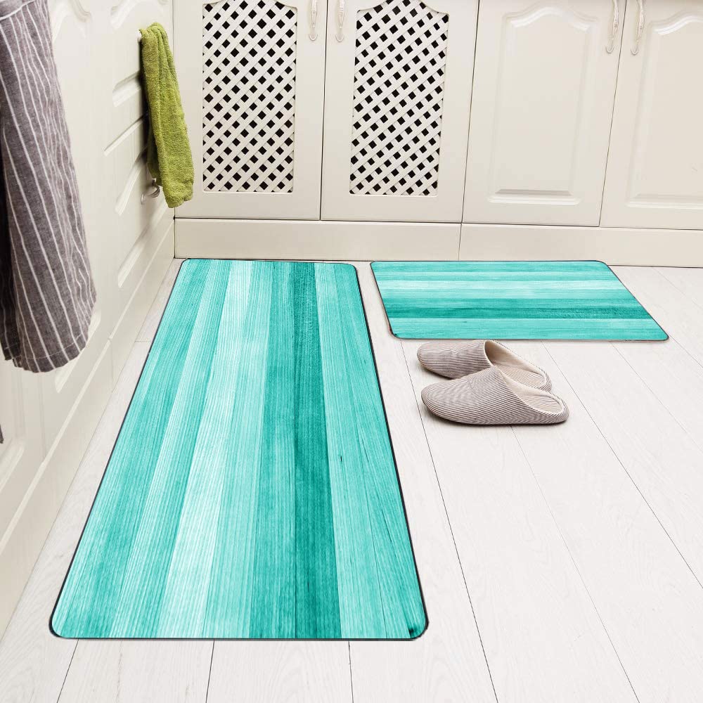 TOMWISH Non-Slip Teal Kitchen Rugs Set - 2 PCS Turquoise Green Painted Mats (17