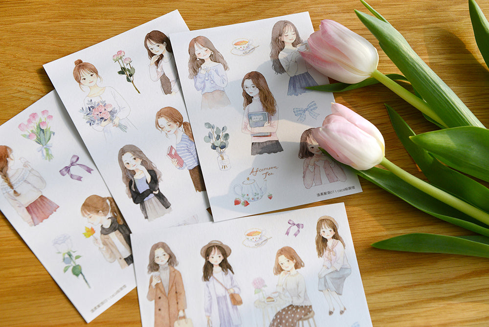 Gentle Whisper Girl Sticker Sheet A6 (Set of 4) - Cute Kawaii Decals for Planners, Journals, Scrapbooks & DIY Crafts