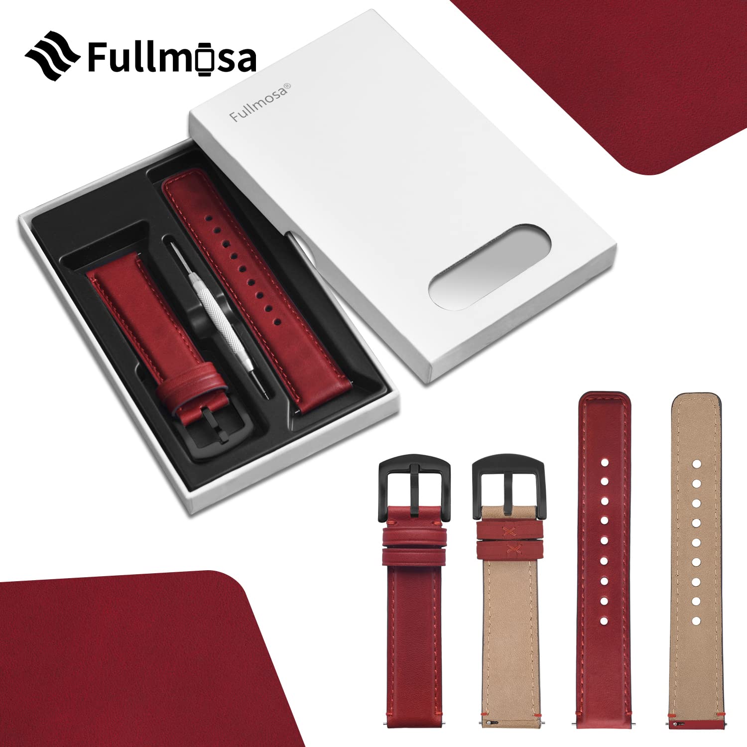 Fullmora Quick Release Leather Watch Band 22mm 20mm 18mm - Burnished Strap Compatible with Samsung Galaxy Watch & Garmin - Perfect for Business, Casual & Everyday Wear