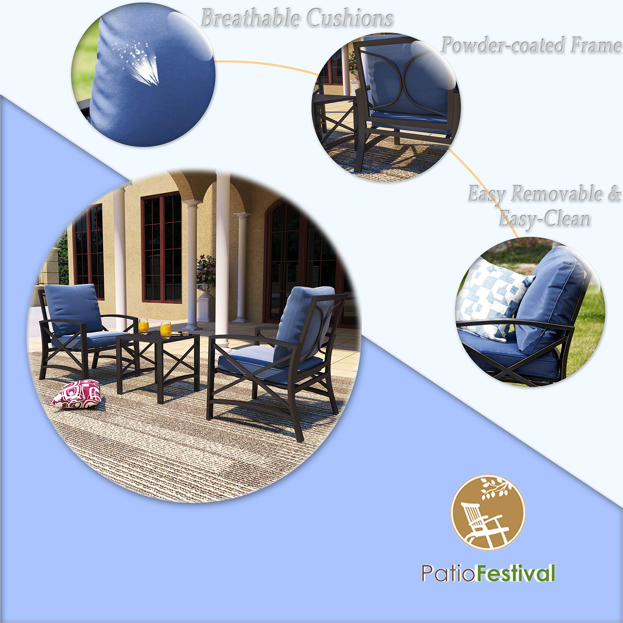 Modern Outdoor Patio Furniture Set - 3-Piece Metal Bistro Set with Coffee Table for Porch, Garden, Balcony or Indoor Use (Khaki) | Perfect for Relaxing, Entertaining & Outdoor Dining