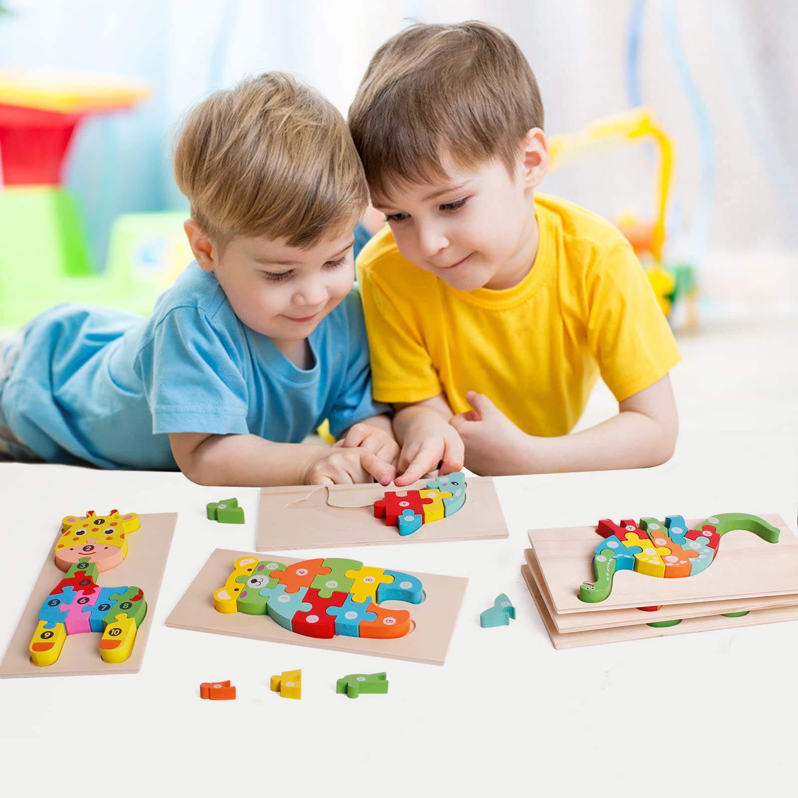 SHIERDU Wooden Puzzles for Kids Ages 2-6 - Educational Number, Dinosaur & Animal Jigsaw Toys for Toddlers - Perfect Gift for Boys & Girls (Pack of 6) - Fun Learning Activity for Preschool & Early Childhood Development