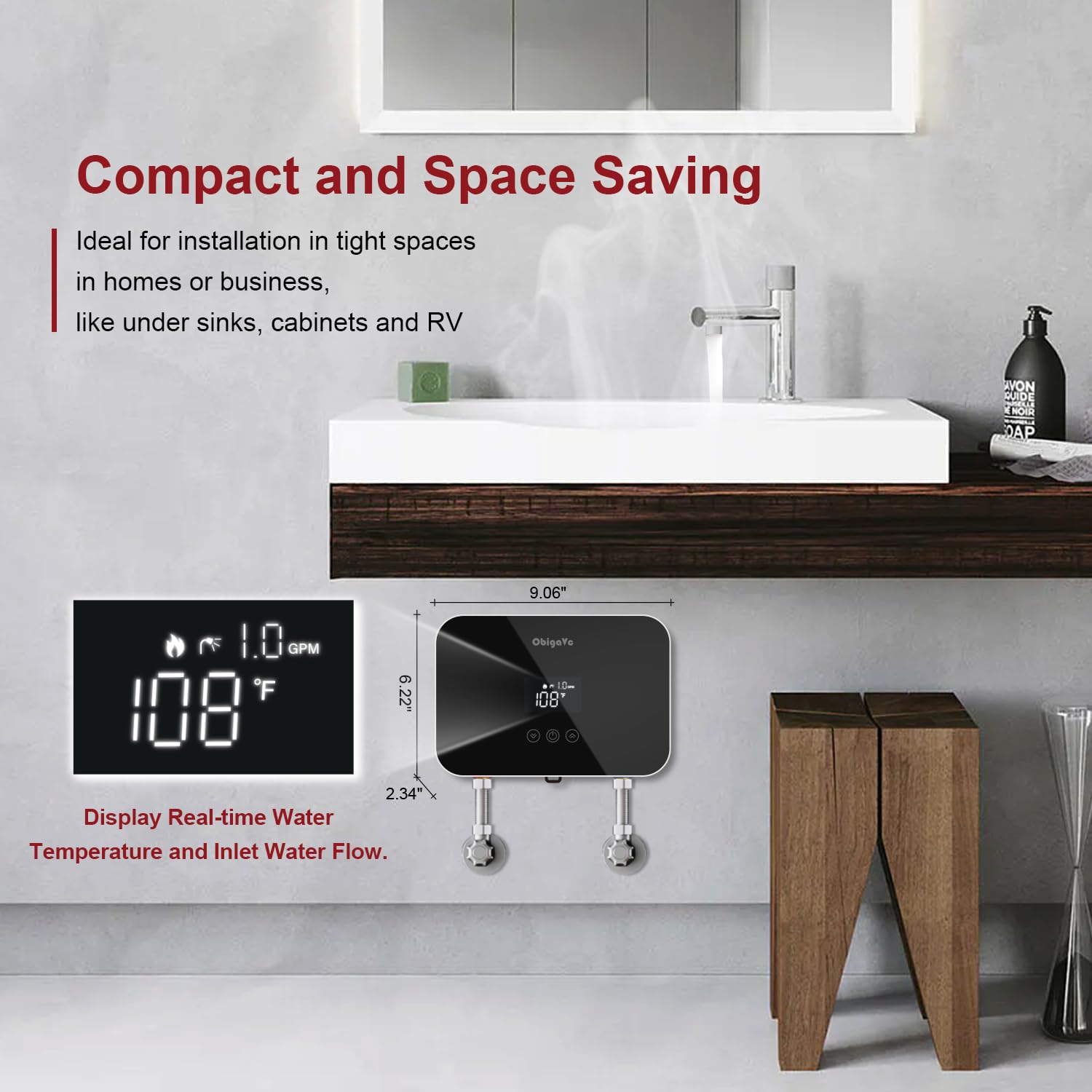 6.5KW Electric Tankless Water Heater - Compact On-Demand Instant Hot Water System 240V for Under Sink, Kitchen, Bathroom & RV Use