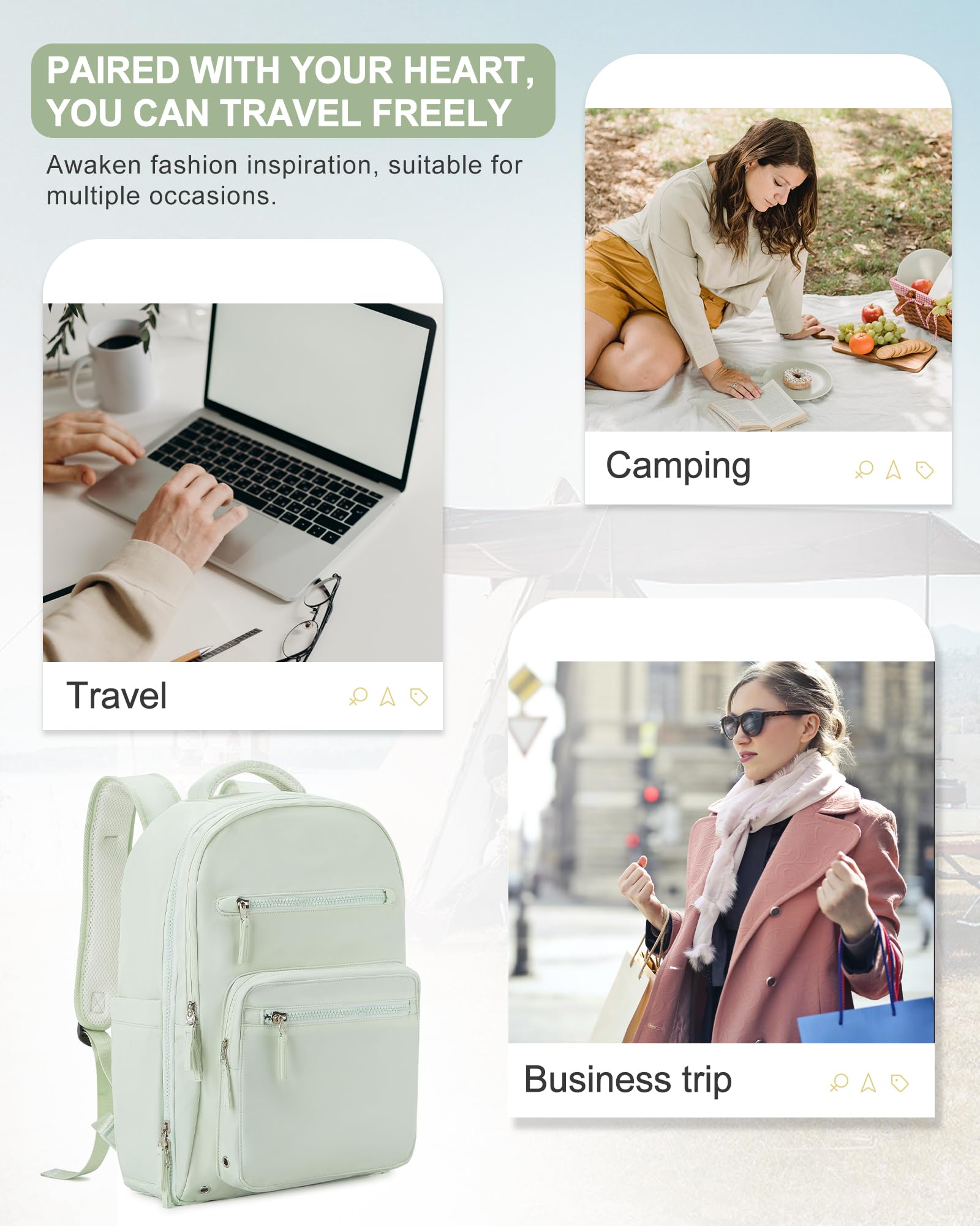 Stylish Mint Green Travel Backpack - Airline Approved, USB Charging for Work & College