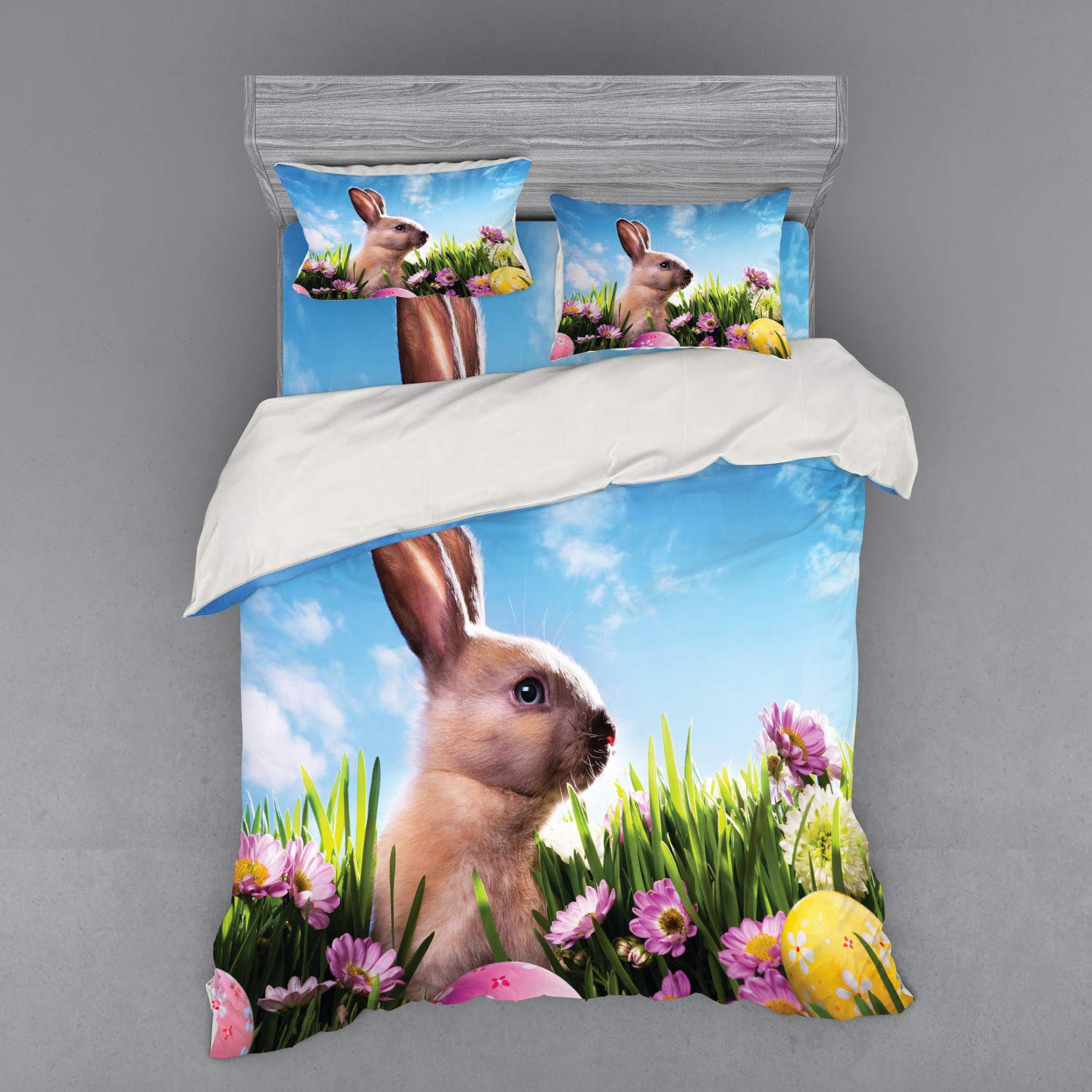 Ambesonne Easter Bedding Set - Queen Size 4-Piece Duvet Cover with Shams & Fitted Sheet | Floral Bunny Photography Design with Colorful Painted Eggs | Soft Cotton Bedding for Spring Decor, Guest Room & Holiday Home Staging