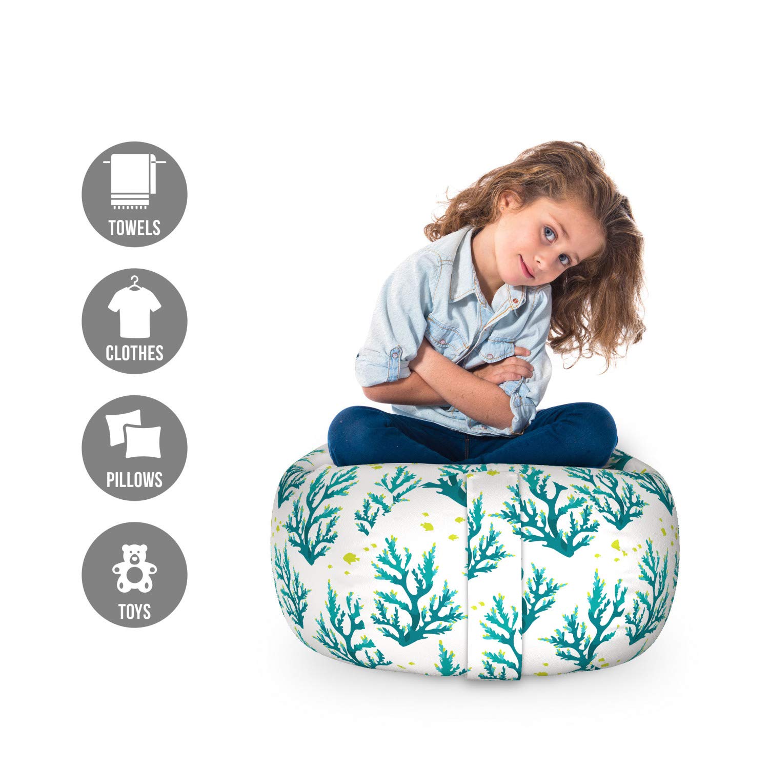 Ambesonne Nautical Storage Toy Bag Chair - Underwater Coral & Fish Design, Washable Stuffed Animal Organizer (Small, Sea Blue & Ivory) - Perfect for Kids' Room, Playroom & Beach Toy Storage