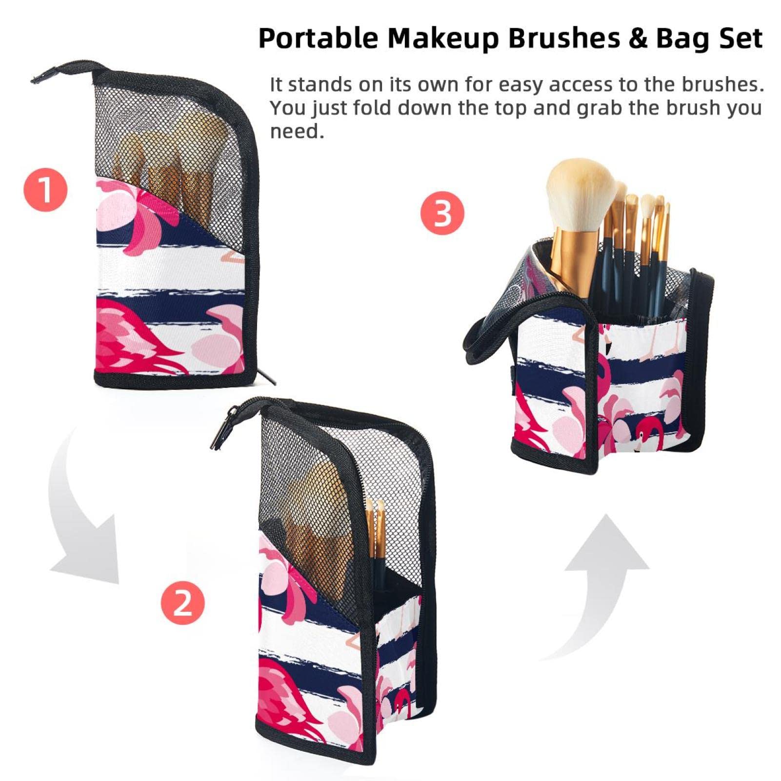 12-Piece Flamingo Stripes Pink Flowers Makeup Brush Organizer Bag - Portable Makeup Brush Holder Case for Travel & Home Storage | Perfect for Makeup Artists & Beauty Enthusiasts