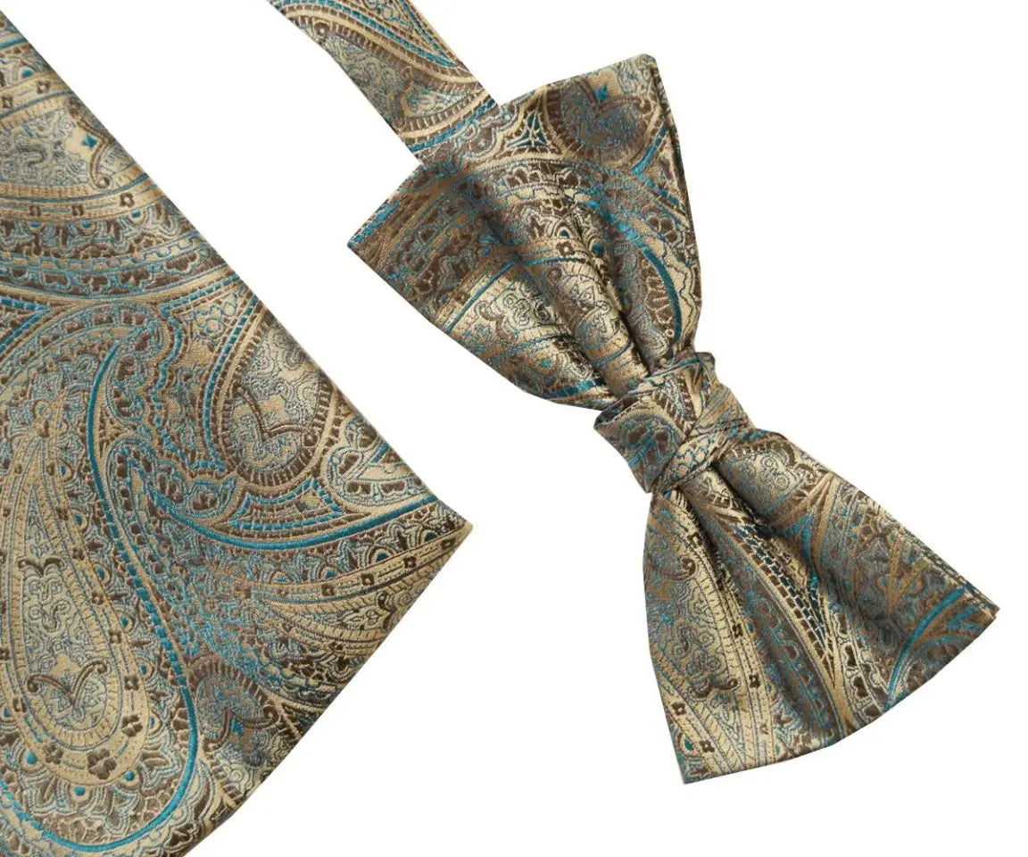 L.A. Smith Teal & Ecru Paisley Silk Bow Tie and Pocket Square Set | Formal Wedding & Business Attire Accessories