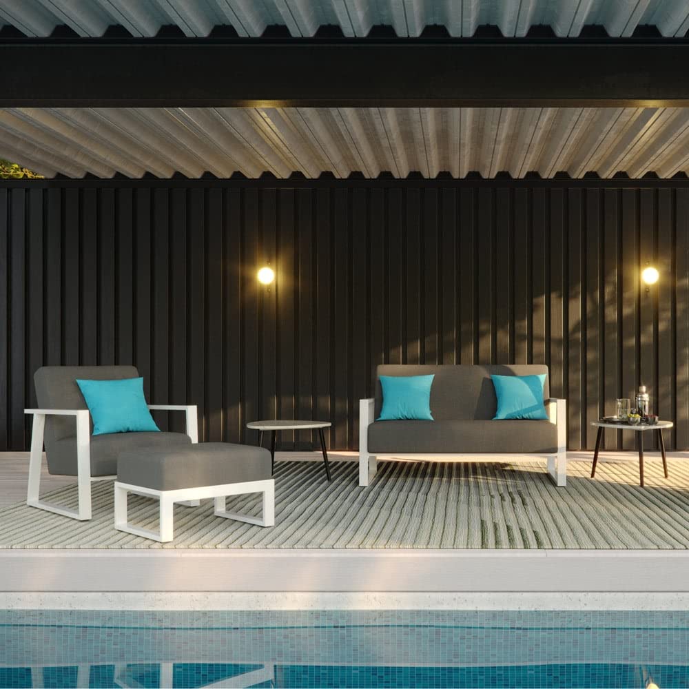 ZURI Modern Elba Outdoor Ottoman with Quick-Dry Cushions & Powder-Coated Aluminum Frame - Weatherproof Patio Furniture for Poolside, Garden & Deck - White/Gray