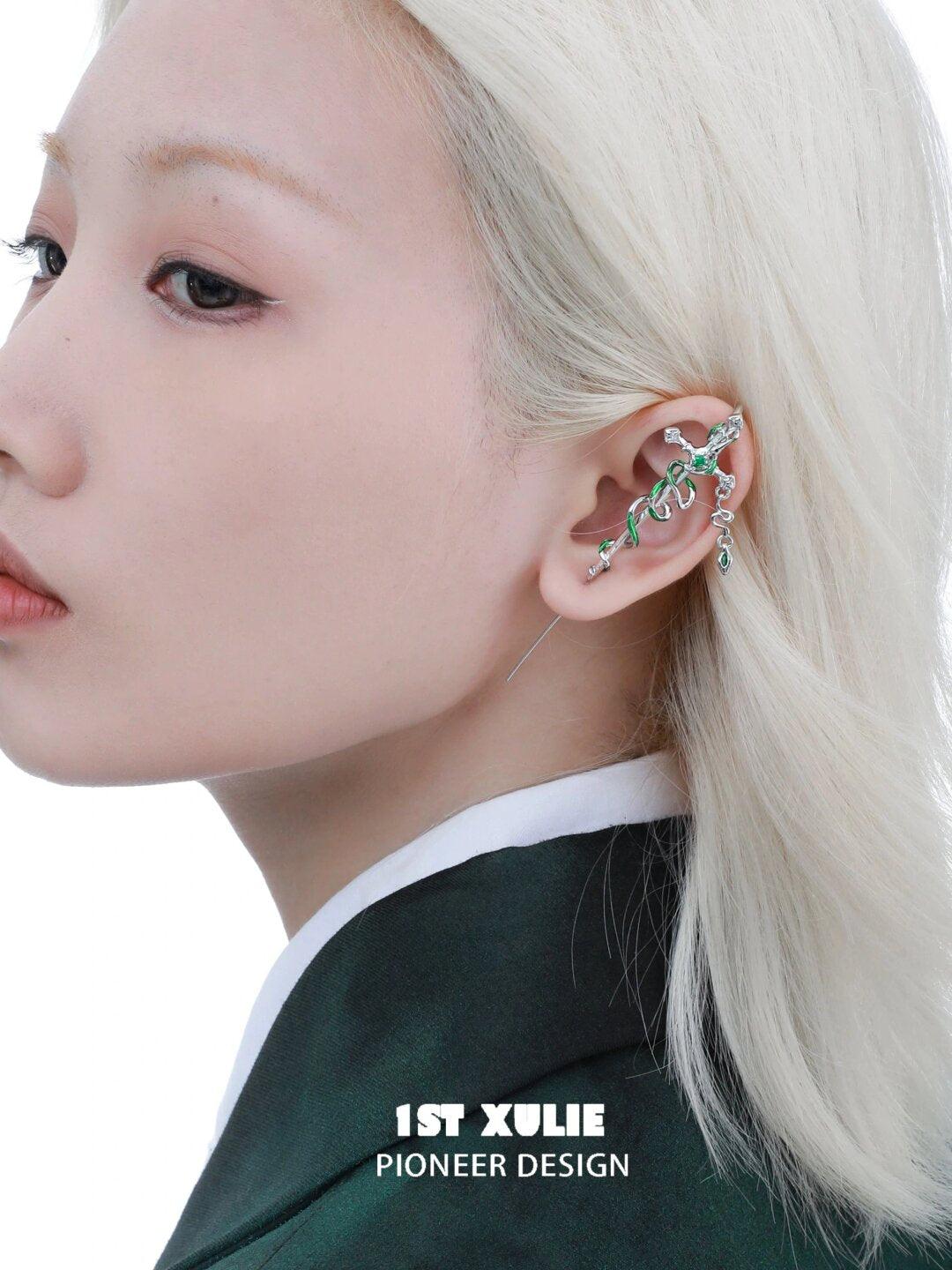 18k Black Gold Plated Slytherin House Needle Piercing Earrings for Women | Harry Potter Inspired Jewelry | Perfect for Cosplay, Gift Giving & Everyday Wear