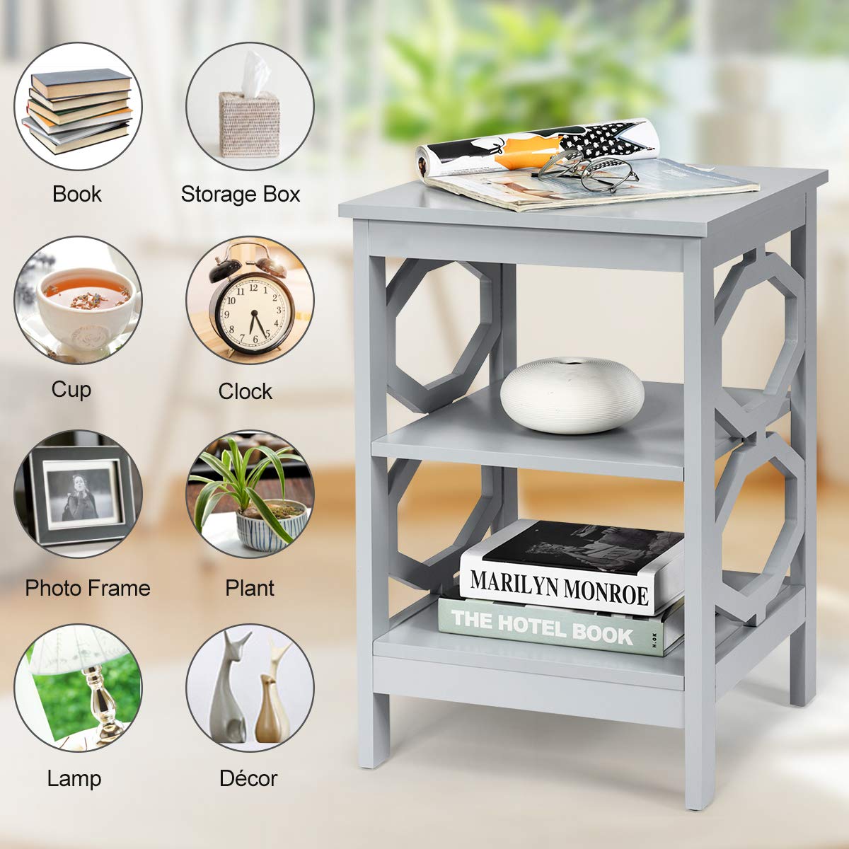 KOTEK 3-Tier Nightstand Set of 2, Wooden Side Table with Storage Shelves for Bedroom & Living Room - Sturdy Accent Table, End Table or Bedside Table - Easy Assembly (Grey) | Perfect for Small Spaces, Apartment Decor & Nightstand Organization