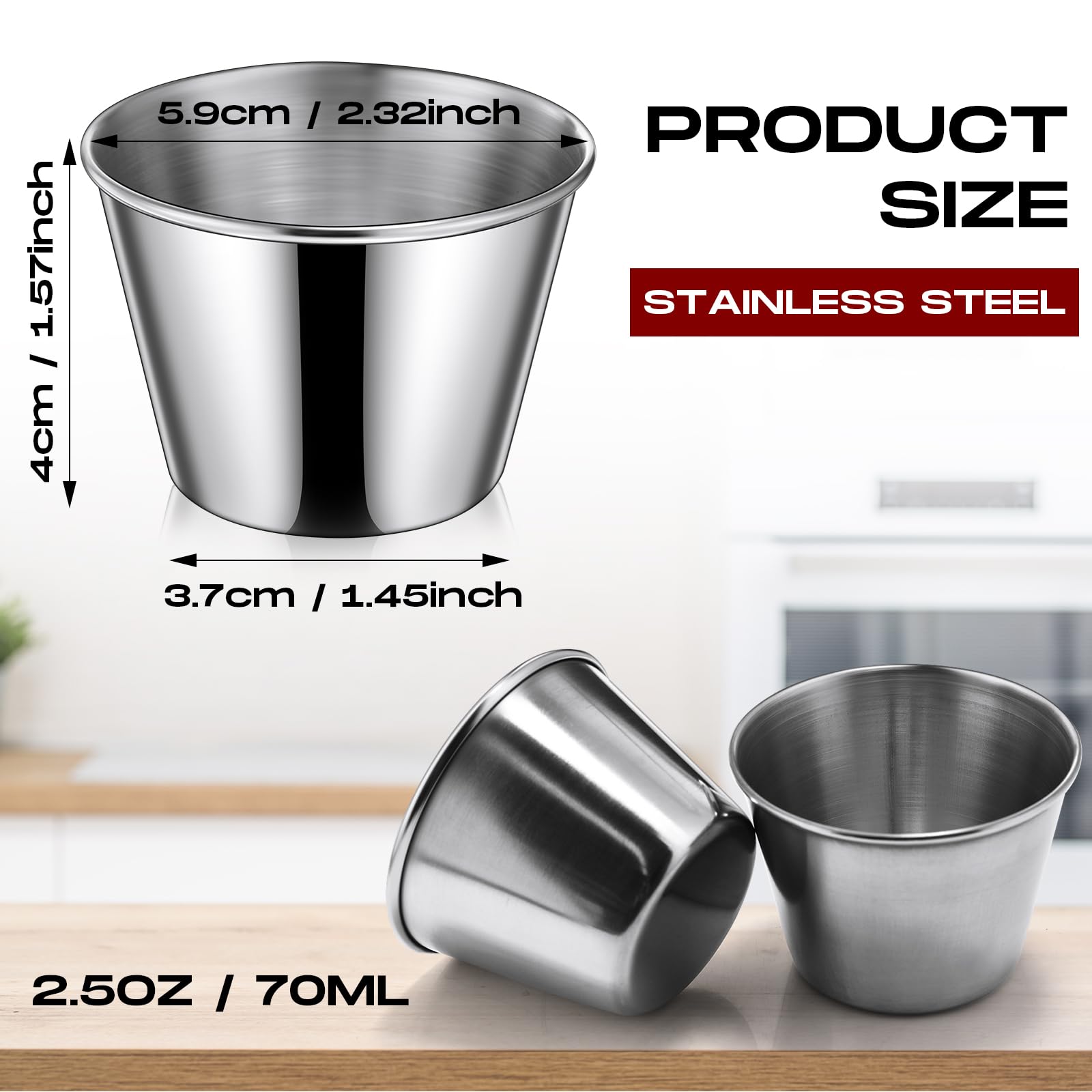 24-Piece 2.5 oz Stainless Steel Ramekins - Metal Sauce Cups & Condiment Dipping Bowls for Kitchen, Restaurant, Catering, Camping, BBQ & Parties - Perfect for Vinegar, Butter, Ice Cream & More