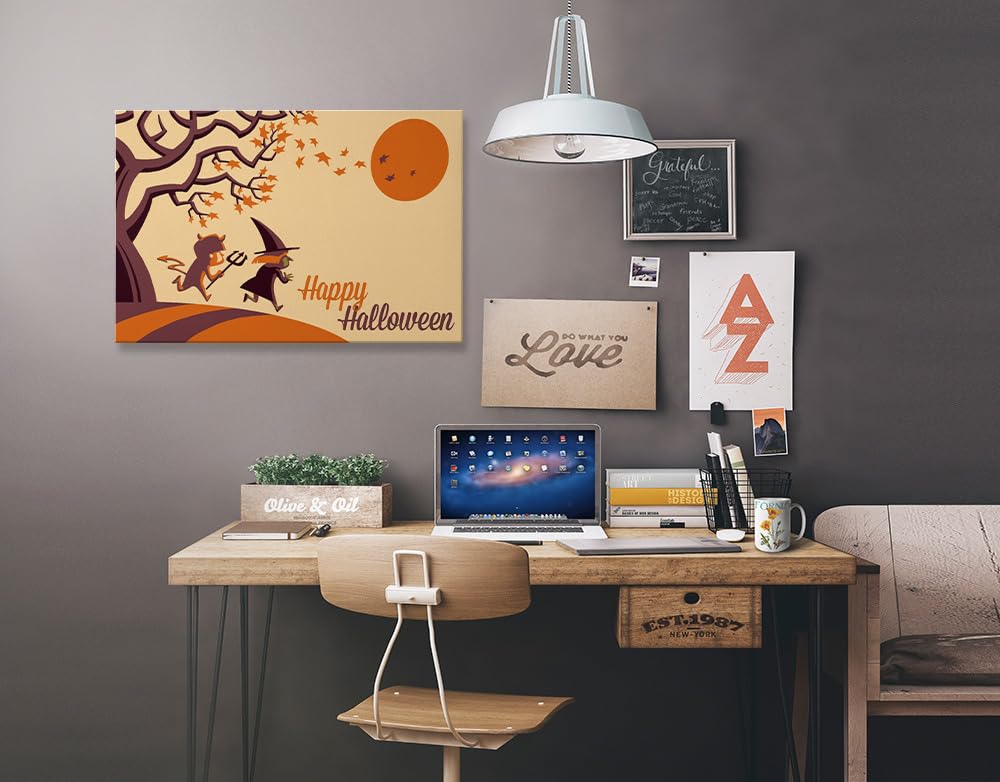 Happy Halloween Fall Tree Retro Wall Art - 12x18 Wrapped Canvas for Home Decor, Living Room & Office - Spooky Seasonal Artwork for Halloween Party Decorations