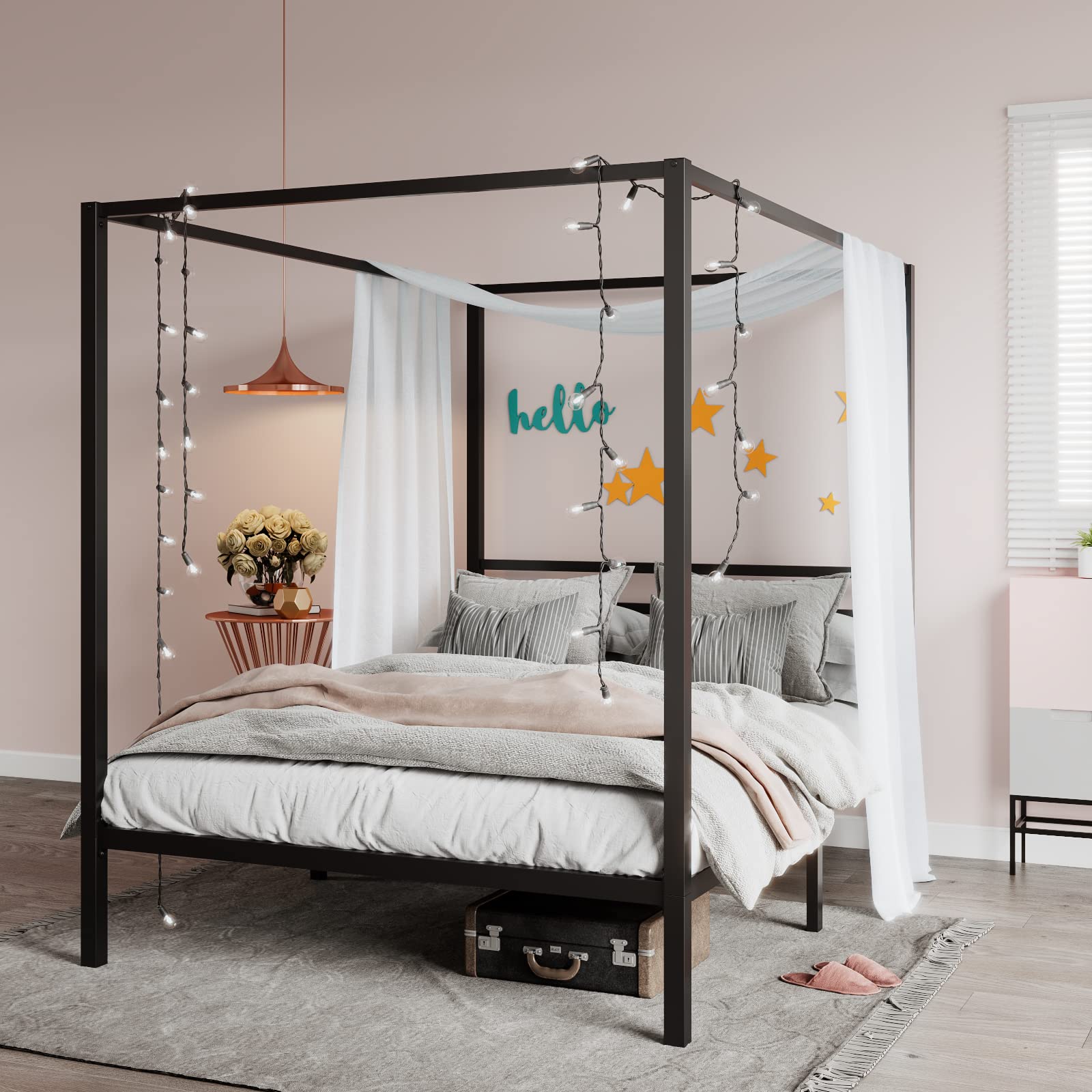 Stylish SHA CERLIN Full Size Metal Canopy Bed Frame with Wood Slat Support - No Box Spring Required - Easy Assembly in Black - Perfect for Modern Bedrooms, Guest Rooms & Dorm Decor