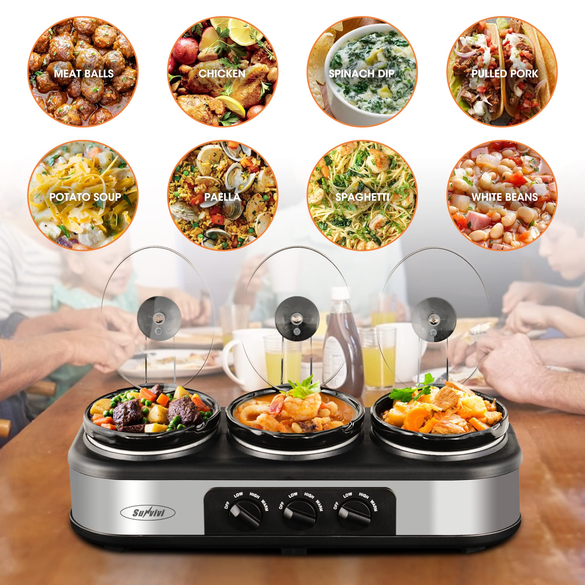 Dual & Triple Slow Cooker Buffet Server - 3-Pot Food Warmer with Adjustable Temperature & Stainless Steel Lid Rests - Perfect for Parties, Catering & Family Gatherings