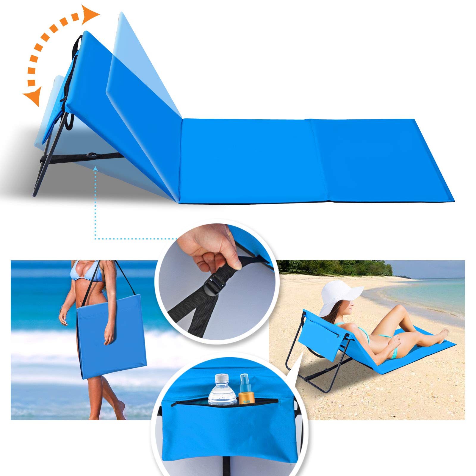 **BenefitUSA Outdoor Portable Lounge Chair - Light Blue Reclining Beach Chair with Ground Mat for Pool, Camping, Picnics & Backyard Relaxation**