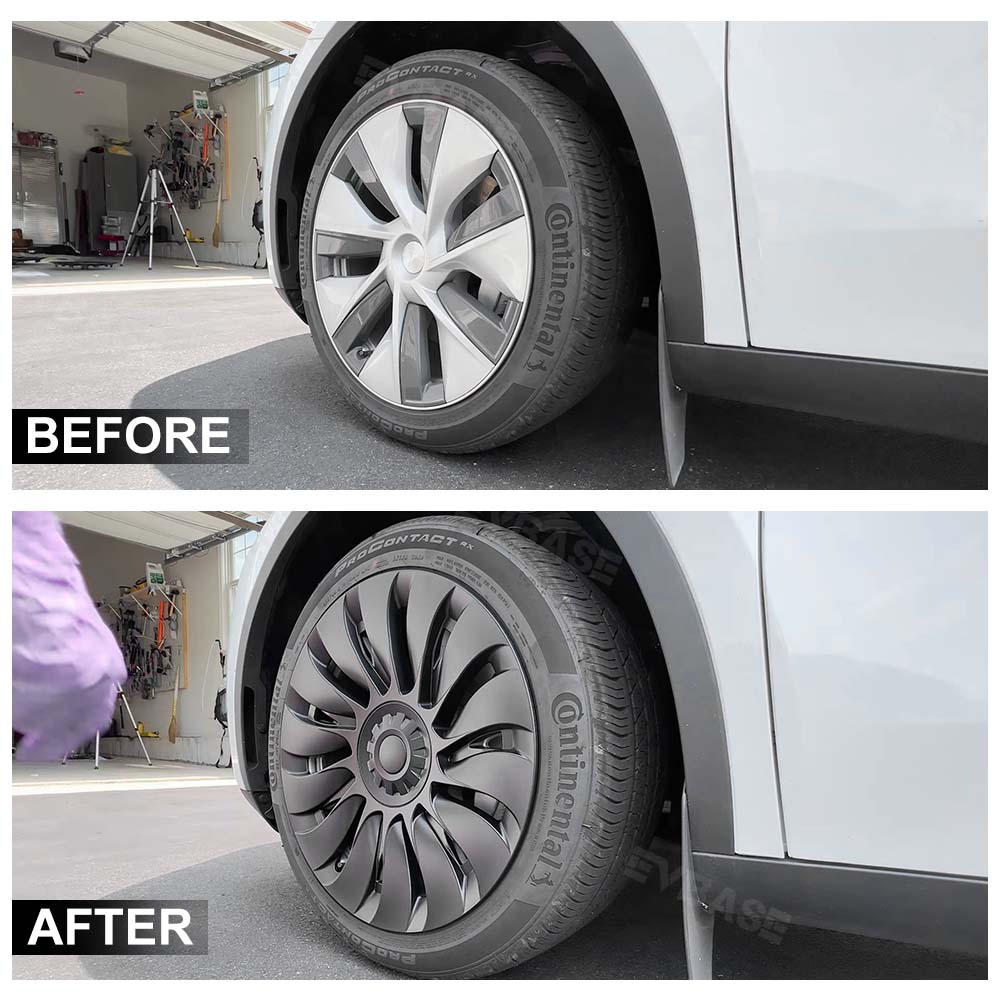 Tesla Model 3/Y Überturbine Style Wheel Covers - 18/19 Inch Alloy Wheel Protectors (Matte Black, 4-Piece Set) 2017+ | Perfect for Road Trips & Daily Commuting
