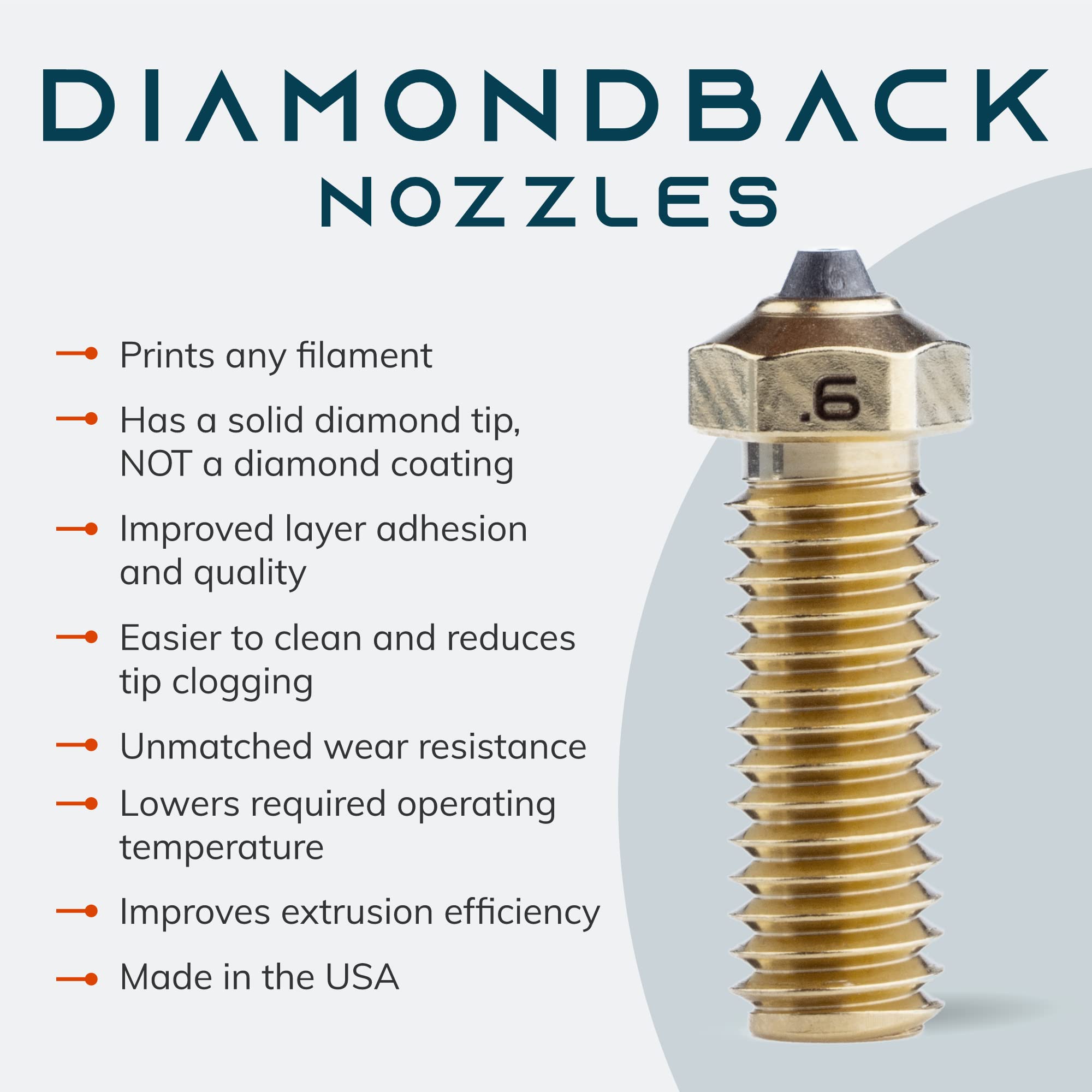 Diamondback Nozzles – Volcano Compatible 3D Printer Nozzle with Polycrystalline Solid Diamond Tip – Enhanced Extrusion, Works with Any Filament, Durable & Wear Resistant for Long Life – Improved Layer Adhesion – Made in USA (1.75mm x 0.6mm) – Perfect for High-Temp Printing, ABS, PLA, PETG & Professional 3D Printing Projects