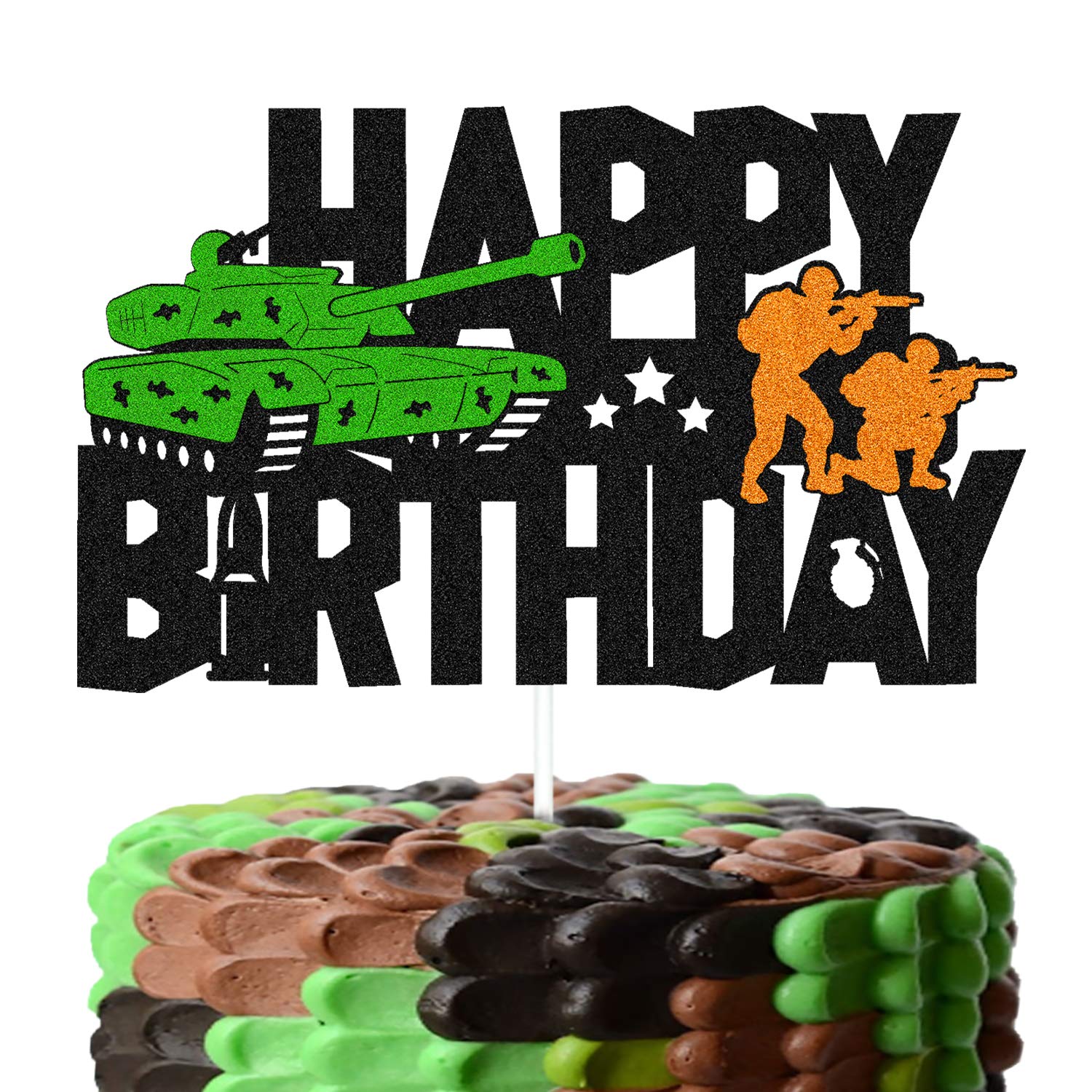 Army Camo Happy Birthday Cake Topper - Double Sided Black Sparkle Tank Decor for Kids, Boys & Girls | Military Soldier Themed Birthday Party Supplies | Perfect for Camouflage Army Themed Celebrations & Cake Decorations