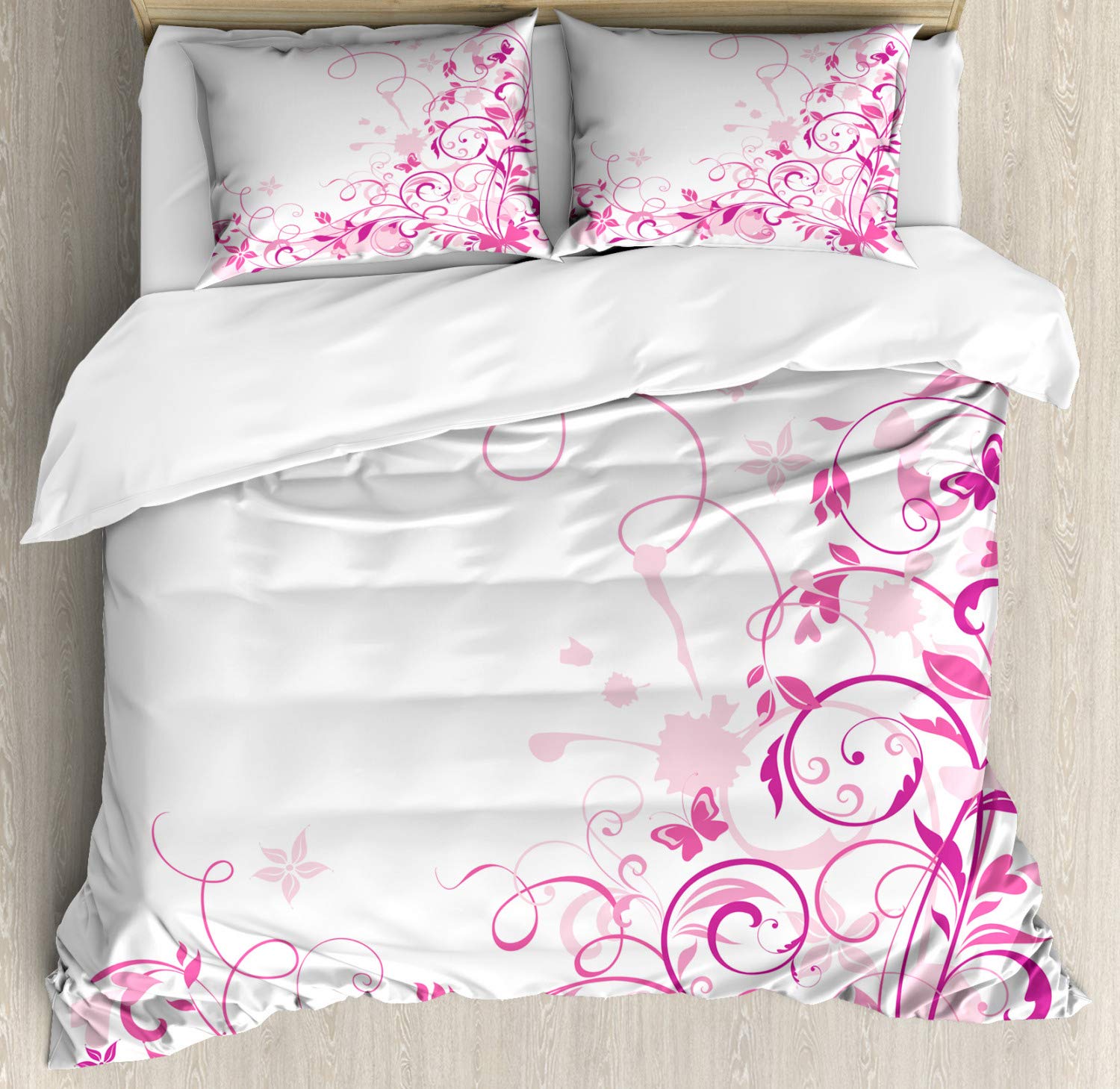 Ambesonne Rose Duvet Cover Set Queen Size - 2 Pack Floral Butterfly Design with Swirling Leaves, Pink & Magenta Bedding Set Includes 2 Duvet Covers & 4 Pillowcases | Perfect for Spring Bedroom Decor, Guest Room Makeover & Cozy Farmhouse Style