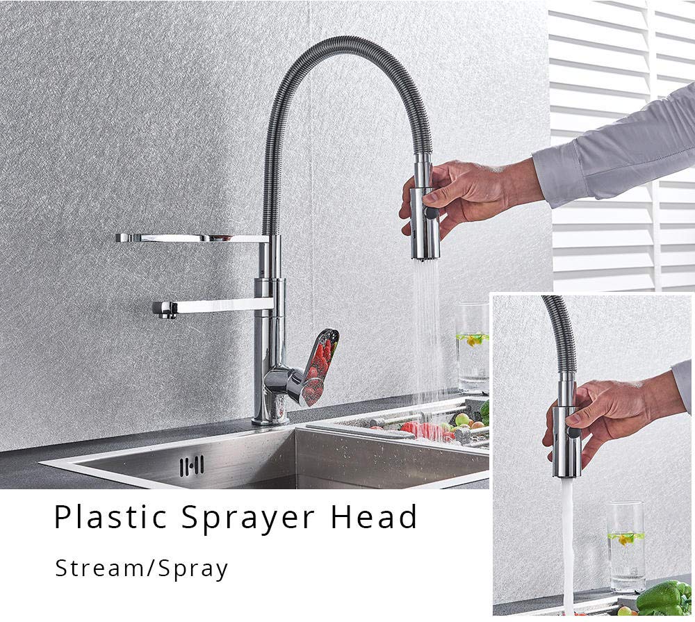 Stainless Steel Chrome Pull Down Kitchen Faucet - Deck Mounted 2-Handle Swivel Spout with Hot & Cold Water Control, Stream Spray and Kitchen Shower Head - Perfect for Modern Home Kitchen Sink and Dishwashing