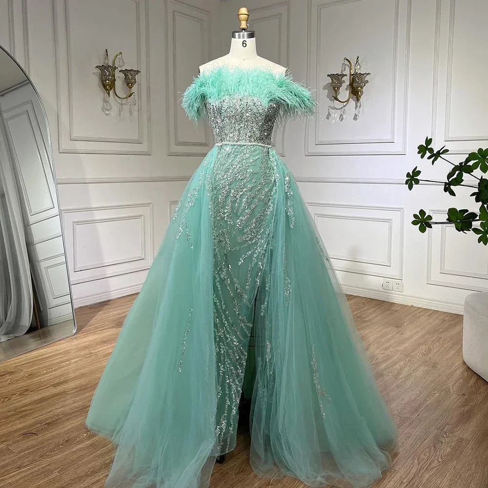 Serene Hill Blue Diamond Feather Mermaid Elegant Evening Dress with Overskirt - Women's Formal Gown for Wedding, Party & Special Occasions 2025 | LA72061