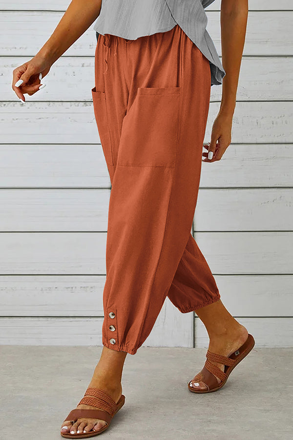 Tatum Women's Linen Blend Elastic Waist Pants with Pockets & Button Hem - Comfortable Casual Pants for Work, Travel & Everyday Wear