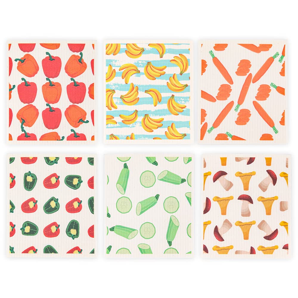 Reusable Swedish Dishcloths - 6 Pack Kitchen Sponge Cloths for Dishes & Cleaning (Vegetable Print) - Eco-Friendly Home Essentials