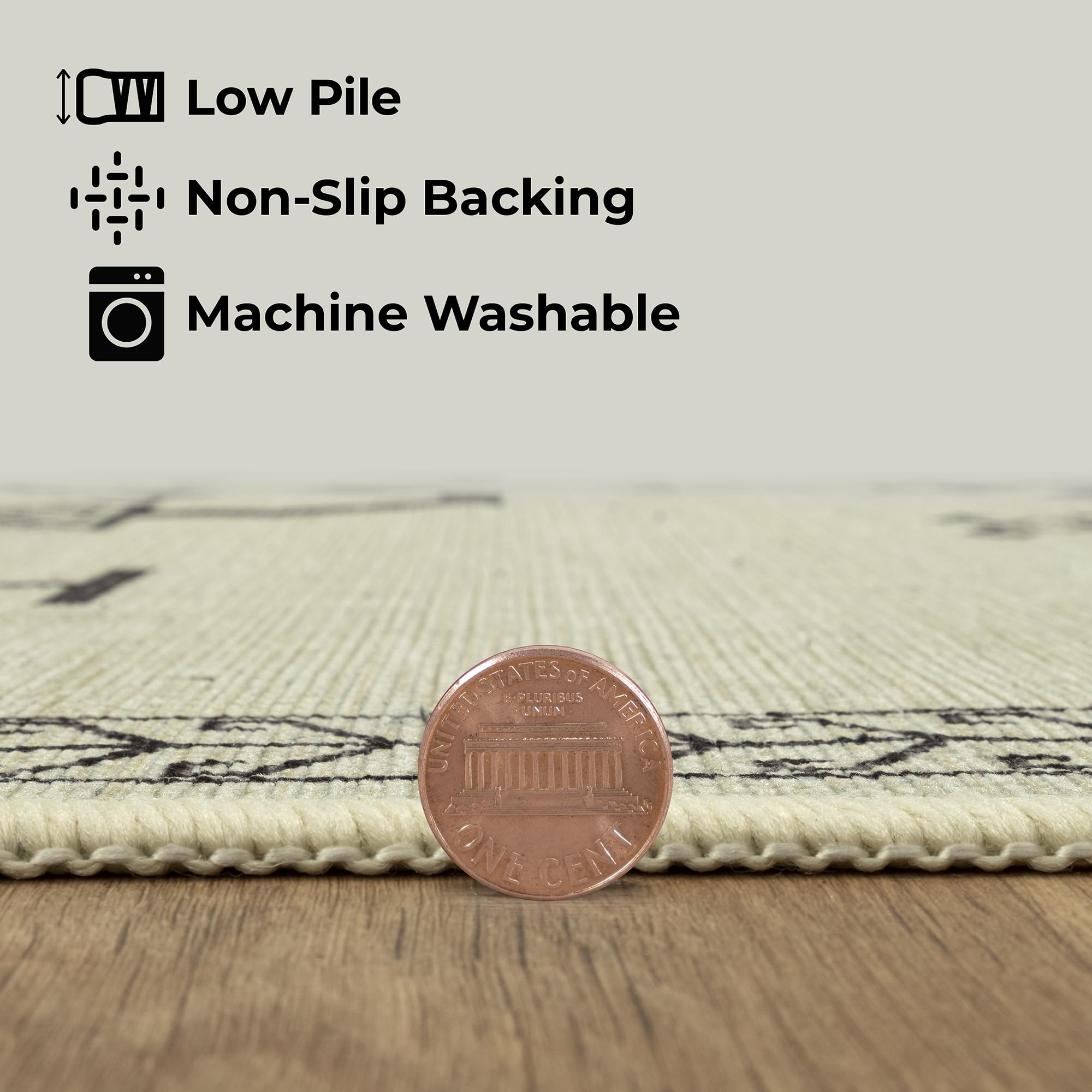 GLN Bohemian Collection - Machine Washable Non-Slip Low Pile Chenille Area Rug for Living Room, Bedroom, Bathroom (6'6