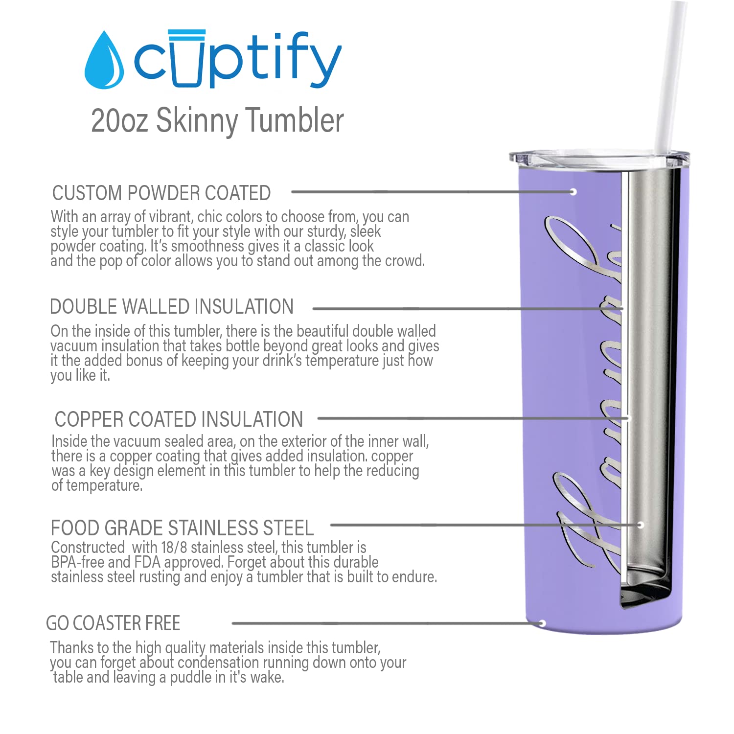Personalized Skinny 20oz Stainless Steel Vacuum Insulated Tumbler with Lid - Custom Laser Engraved Lavender Gloss Cup - Perfect Gift for Office, Gym & Outdoor Activities