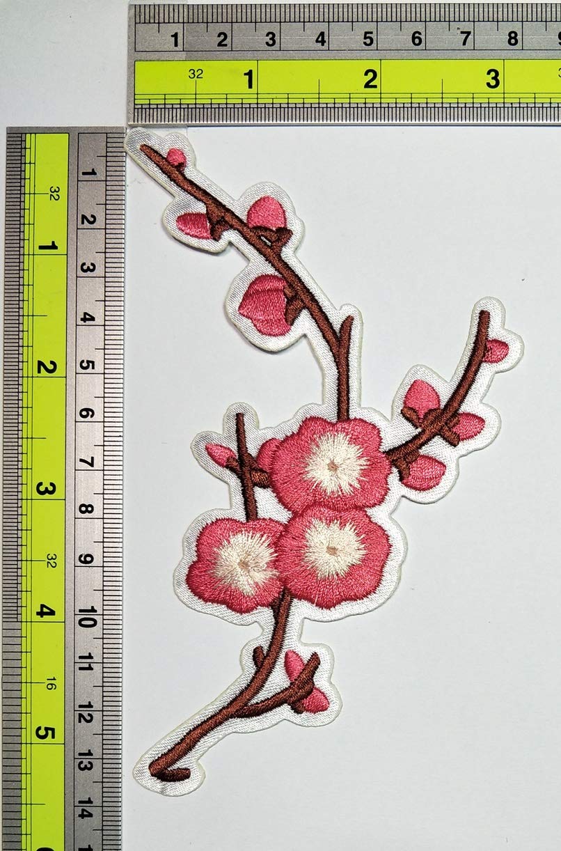Pink Plum Cherry Blossom Floral Iron-On Patch - Boho Hippie Retro Embroidered Applique for DIY Sewing, Costumes & Accessories (15 Pack) - Perfect for Jackets, Jeans, Bags & DIY Crafts