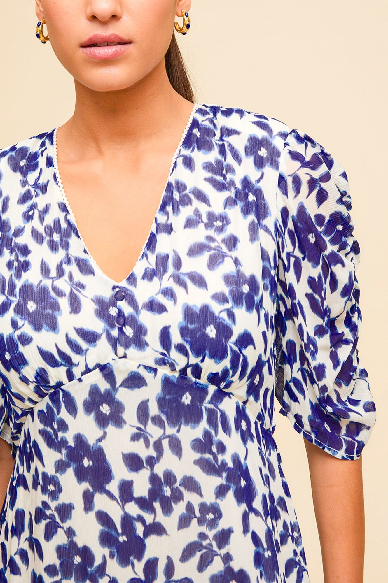 Ellery Floral Print Dress for Women - Blossom Cream & Navy Blue - Perfect for Spring Weddings, Garden Parties & Summer Outings